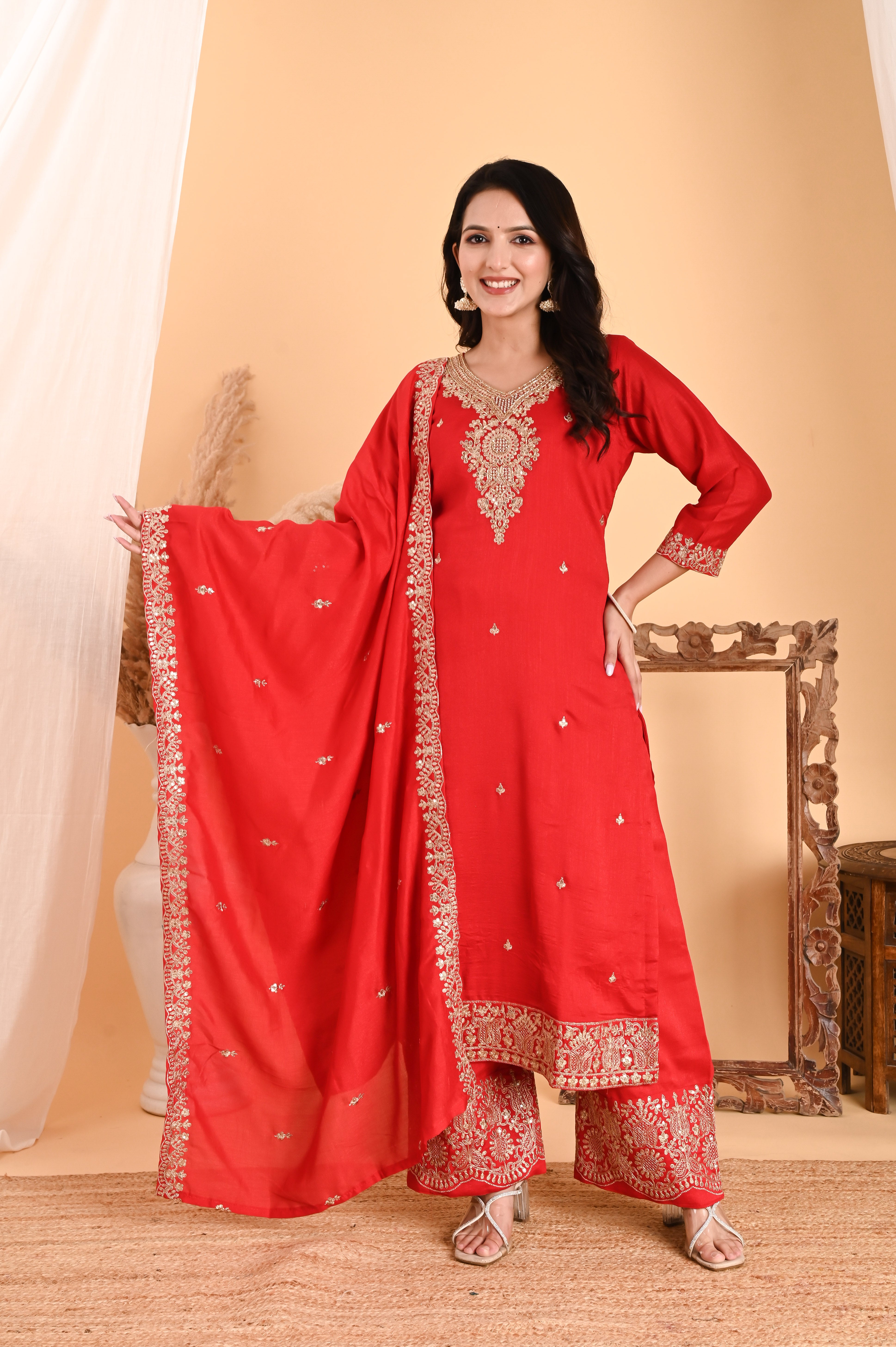 NR-108/ Red Silk Embroidered Kurta Set with Palazzo and Dupatta