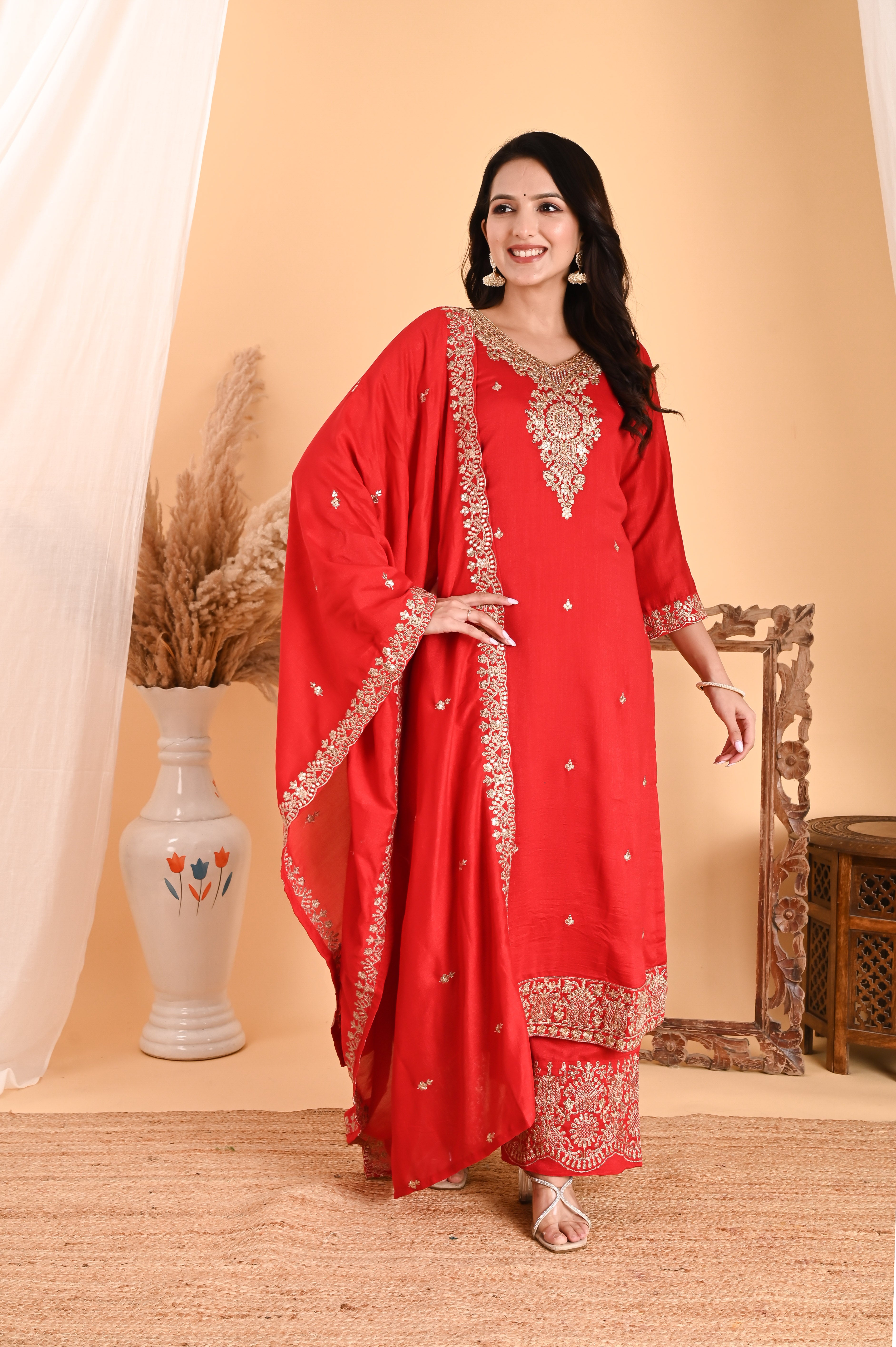 NR-108/ Red Silk Embroidered Kurta Set with Palazzo and Dupatta