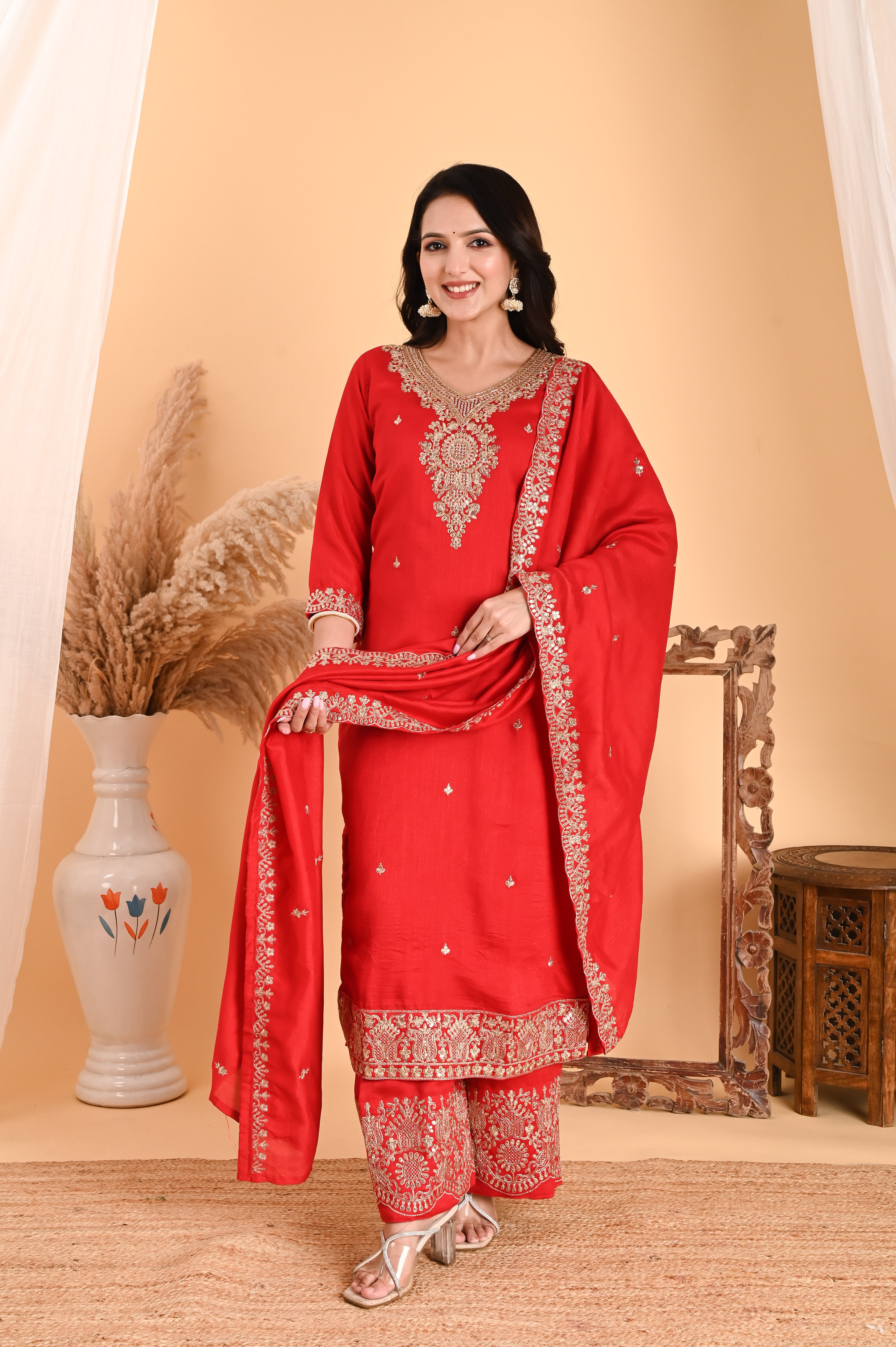NR-108/ Red Silk Embroidered Kurta Set with Palazzo and Dupatta