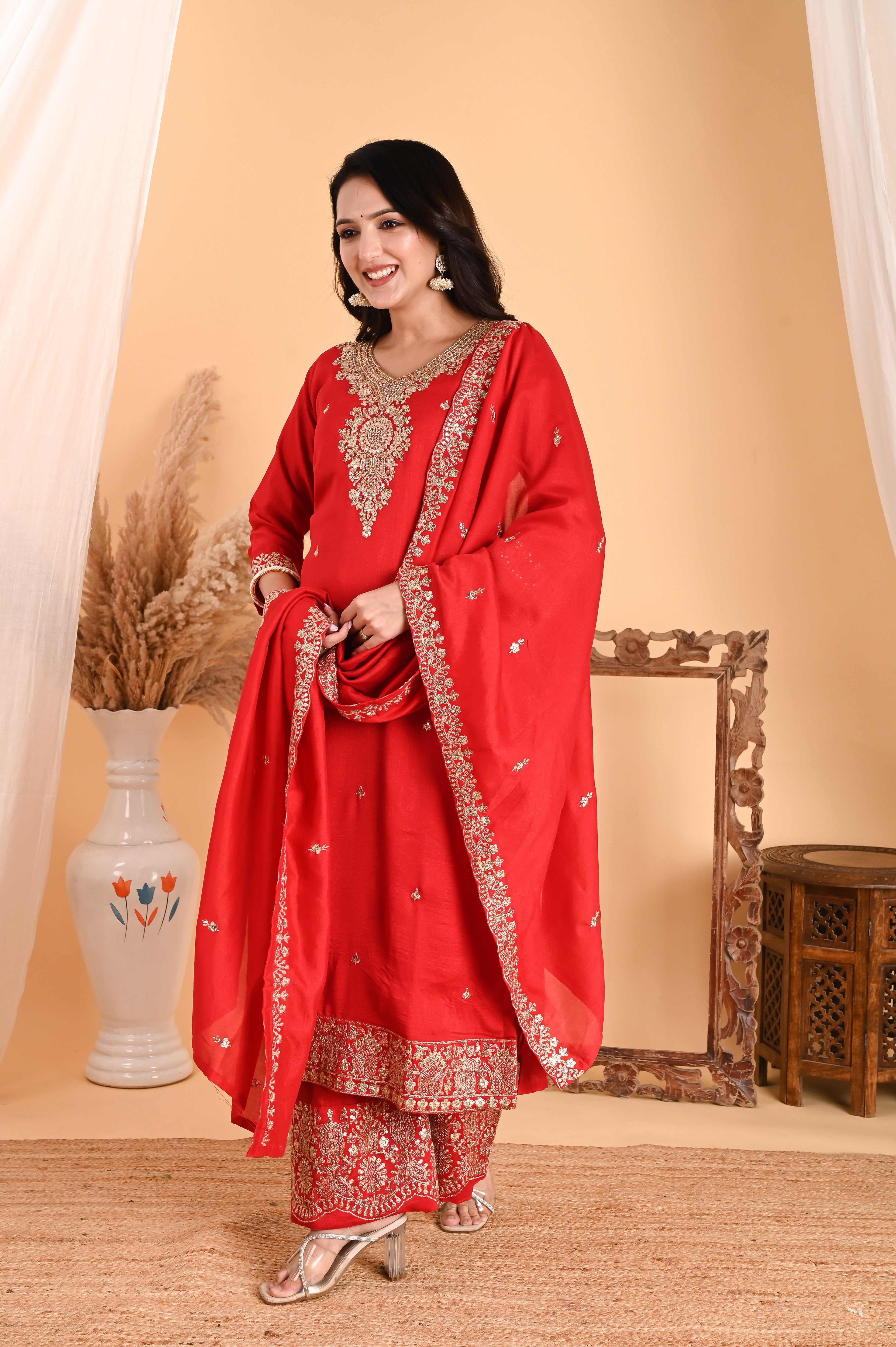 NR-108/ Red Silk Embroidered Kurta Set with Palazzo and Dupatta