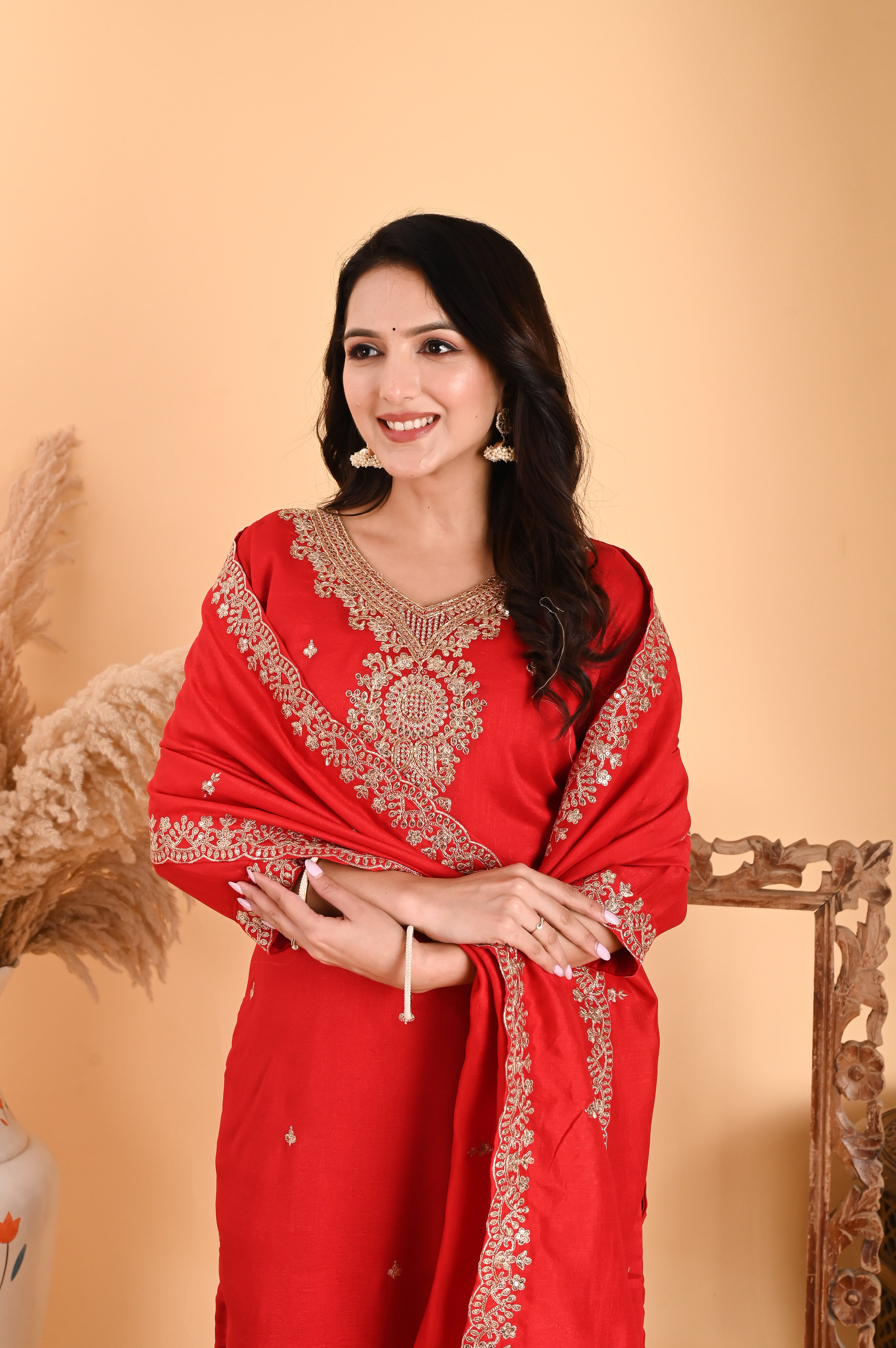 NR-108/ Red Silk Embroidered Kurta Set with Palazzo and Dupatta