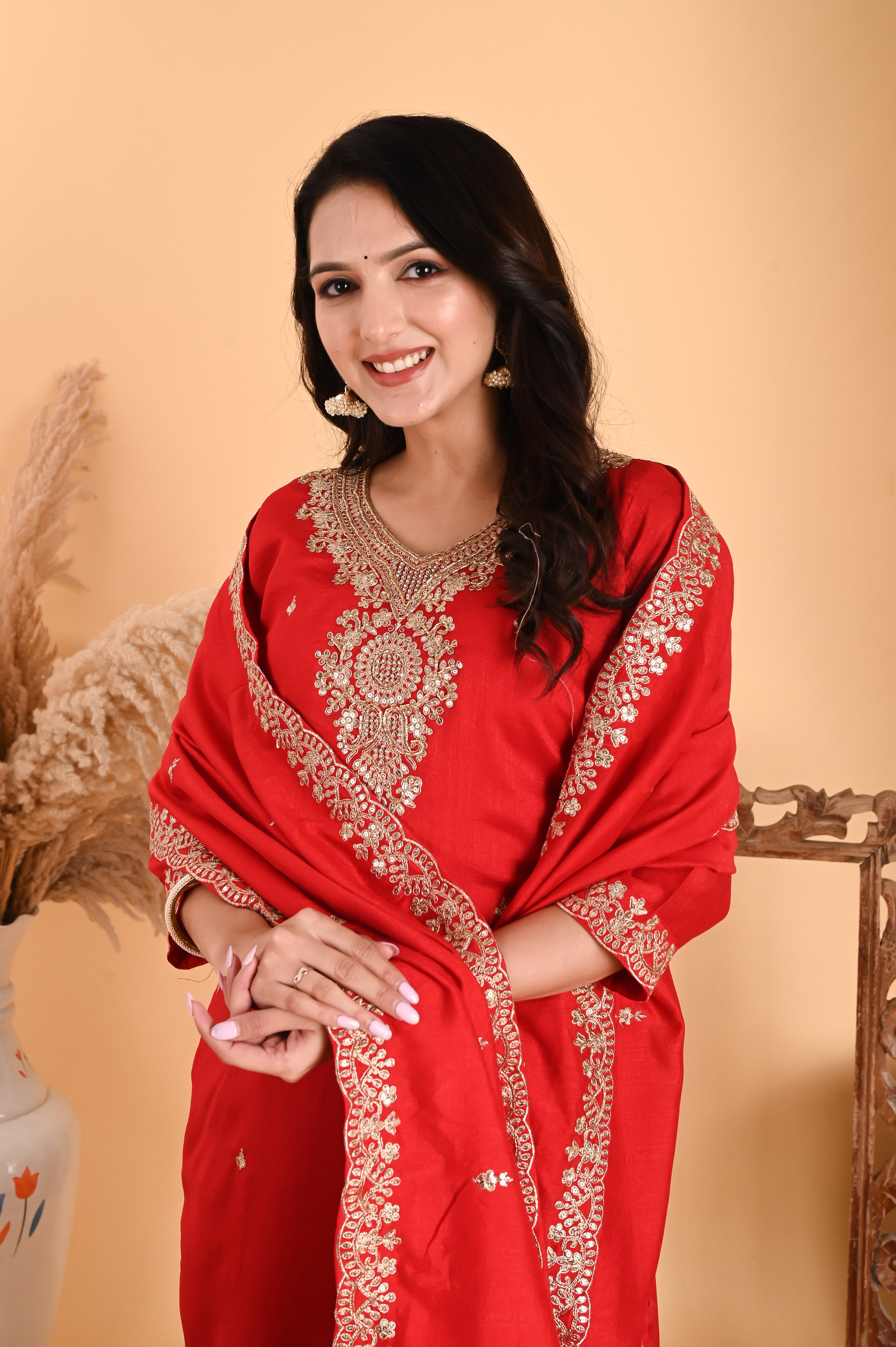 NR-108/ Red Silk Embroidered Kurta Set with Palazzo and Dupatta