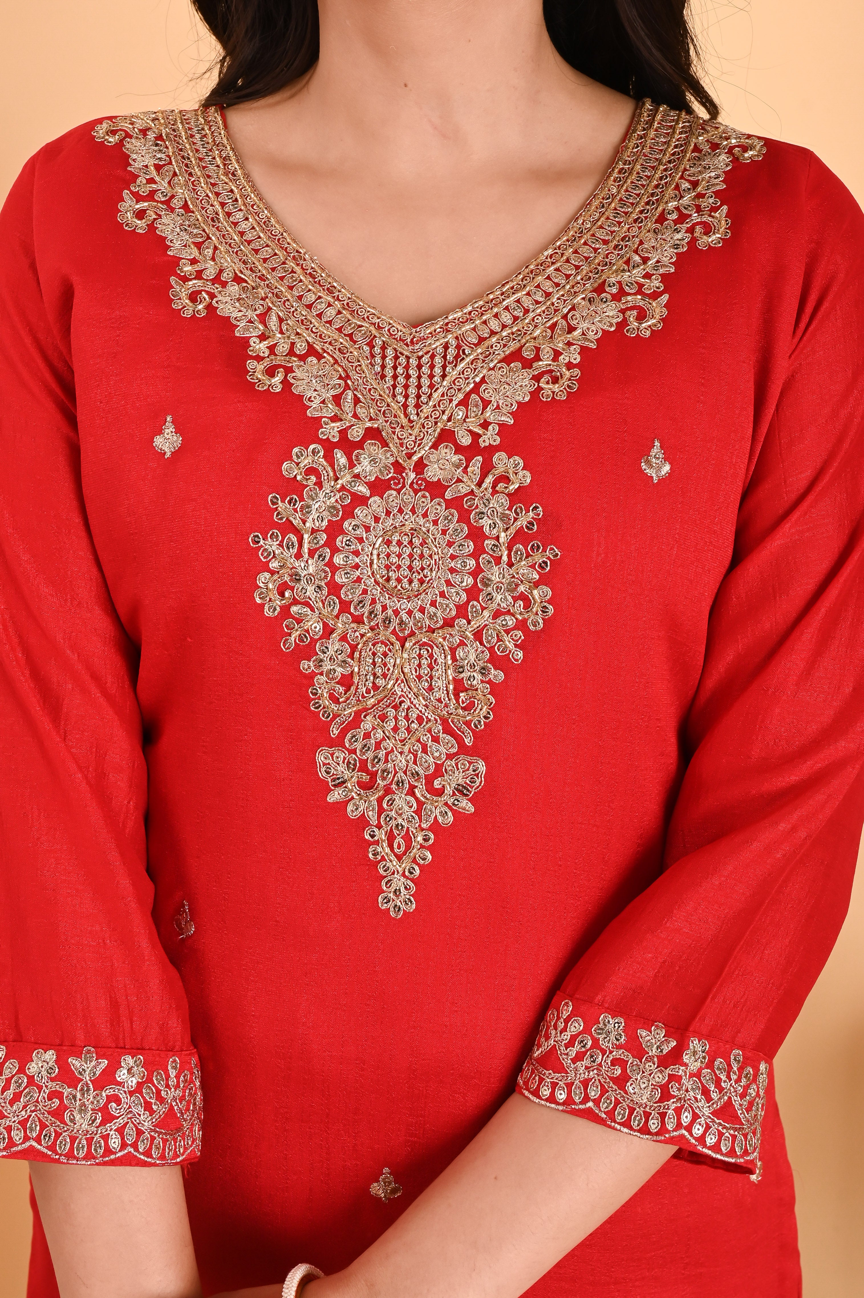 NR-108/ Red Silk Embroidered Kurta Set with Palazzo and Dupatta