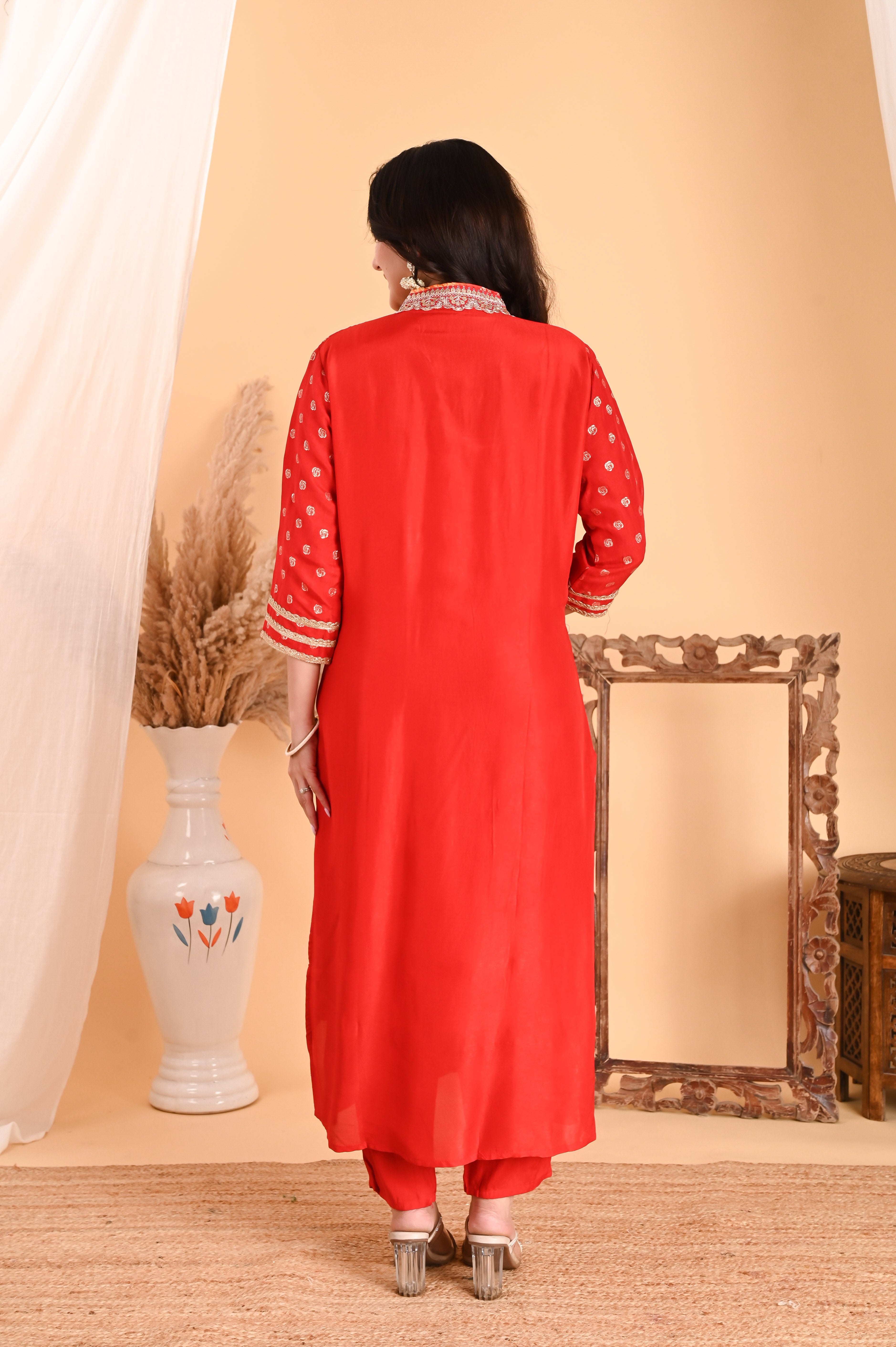 NR-107/ Red Bandhani Printed Kurta Set with Embroidery & Ombre Dupatta