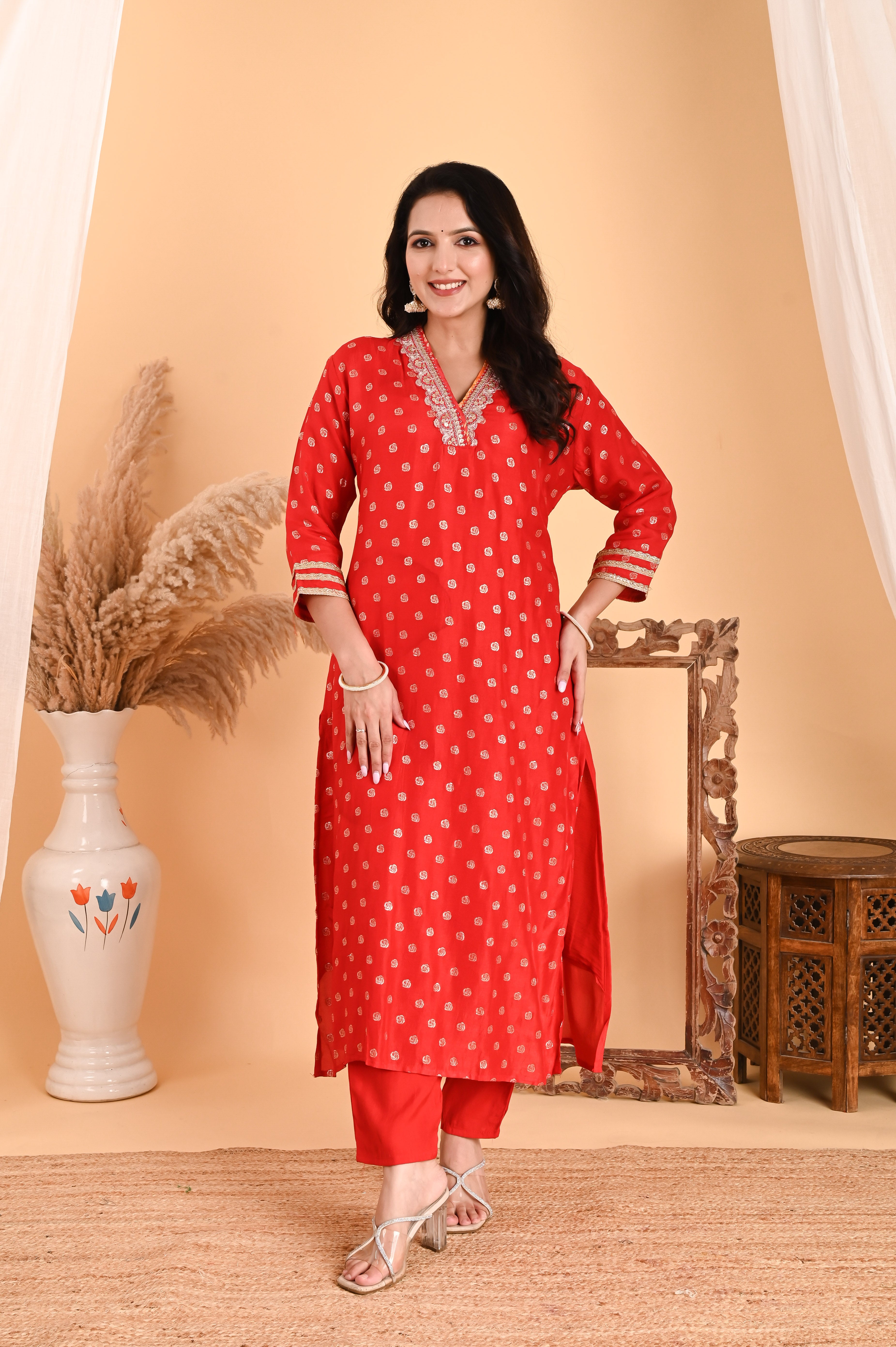 NR-107/ Red Bandhani Printed Kurta Set with Embroidery & Ombre Dupatta