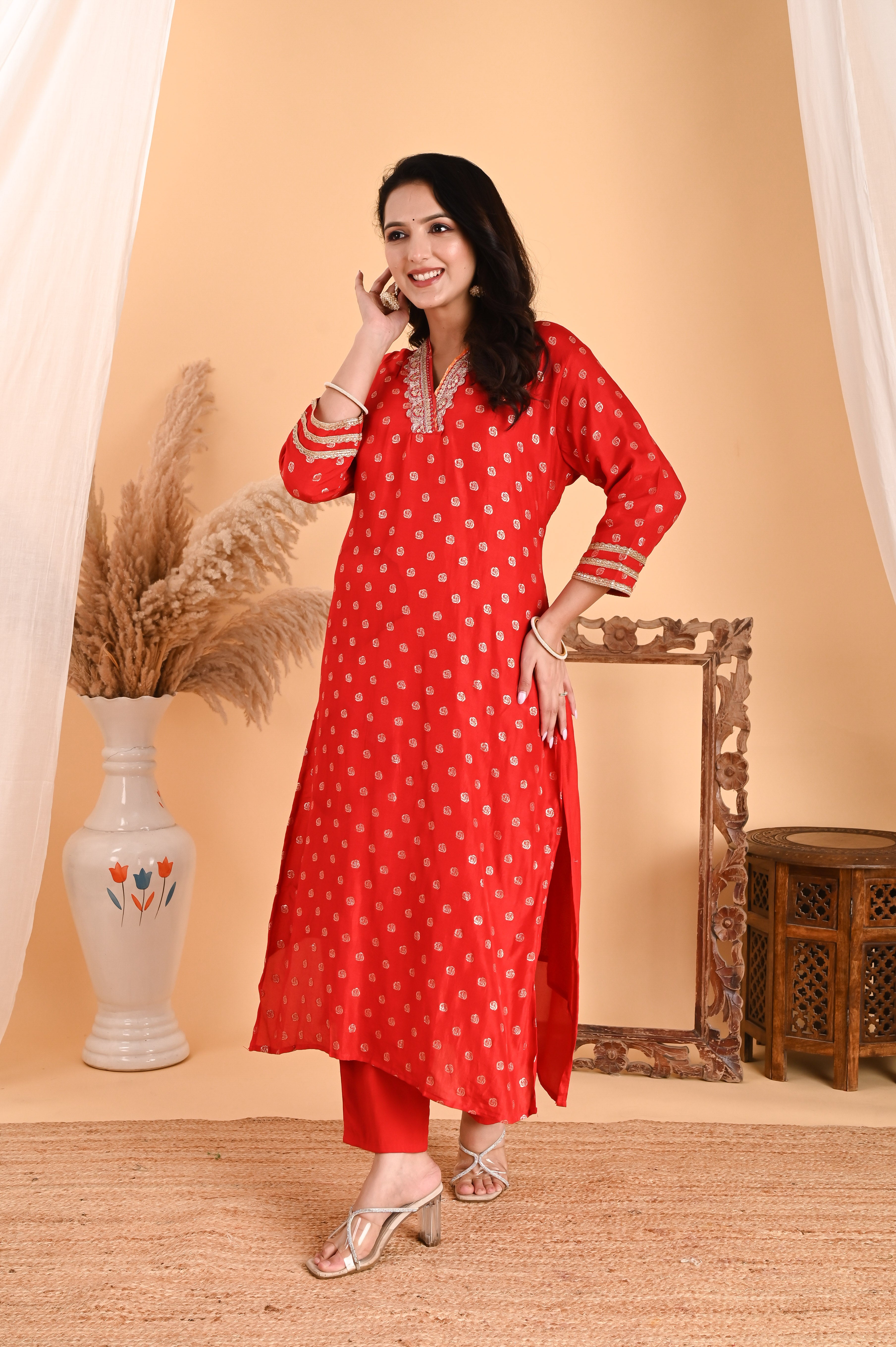 NR-107/ Red Bandhani Printed Kurta Set with Embroidery & Ombre Dupatta