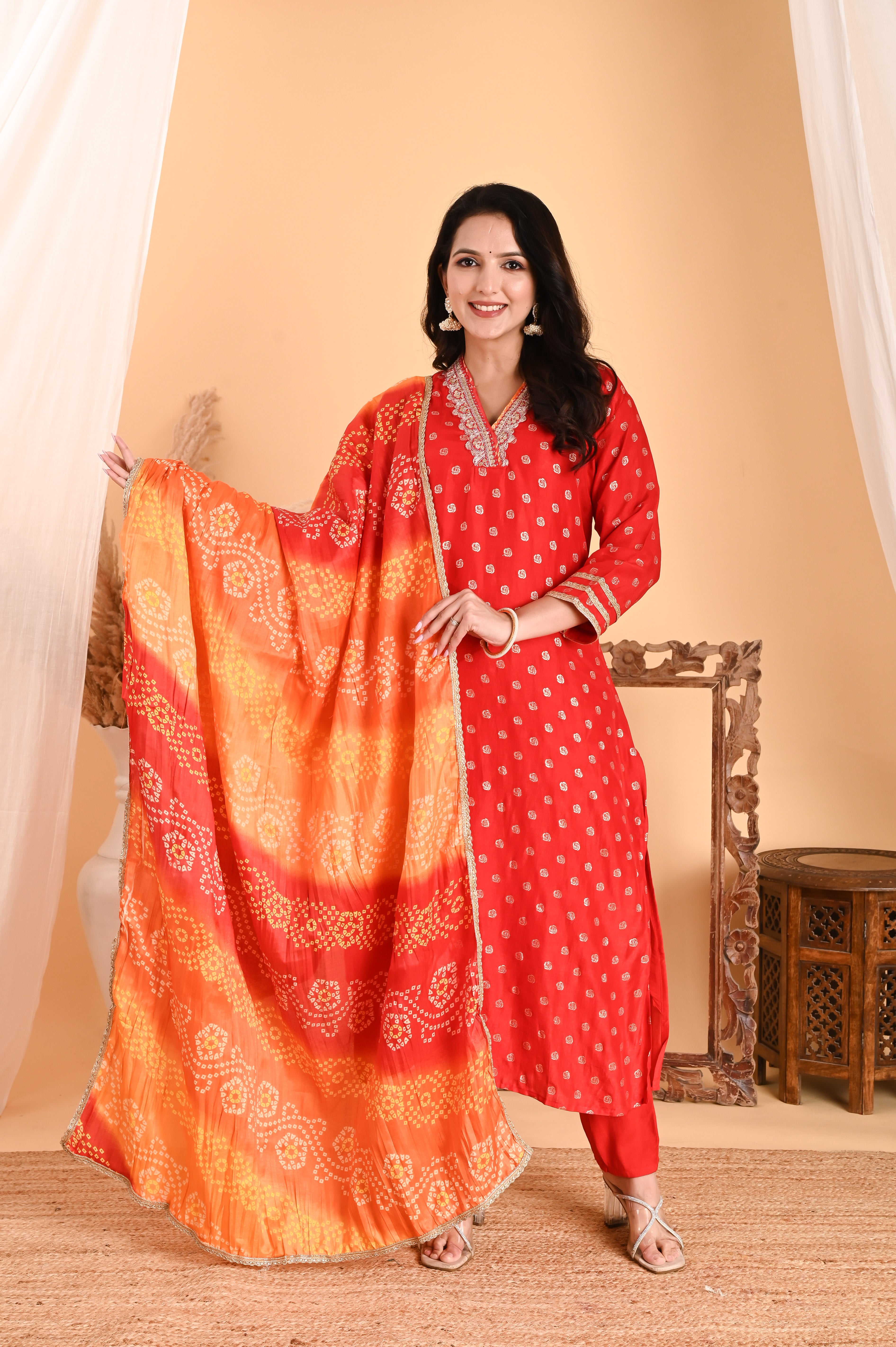 NR-107/ Red Bandhani Printed Kurta Set with Embroidery & Ombre Dupatta