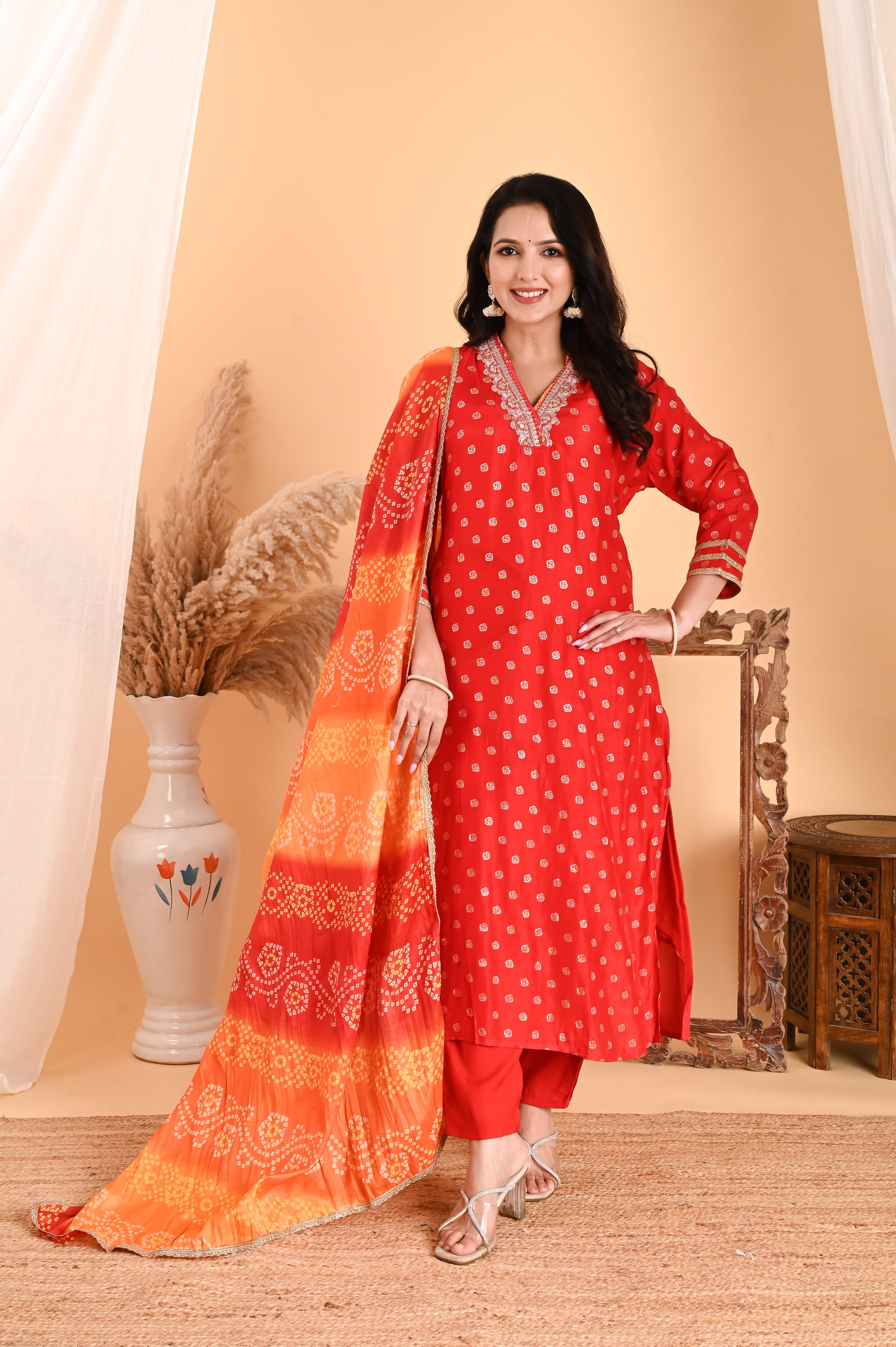 NR-107/ Red Bandhani Printed Kurta Set with Embroidery & Ombre Dupatta