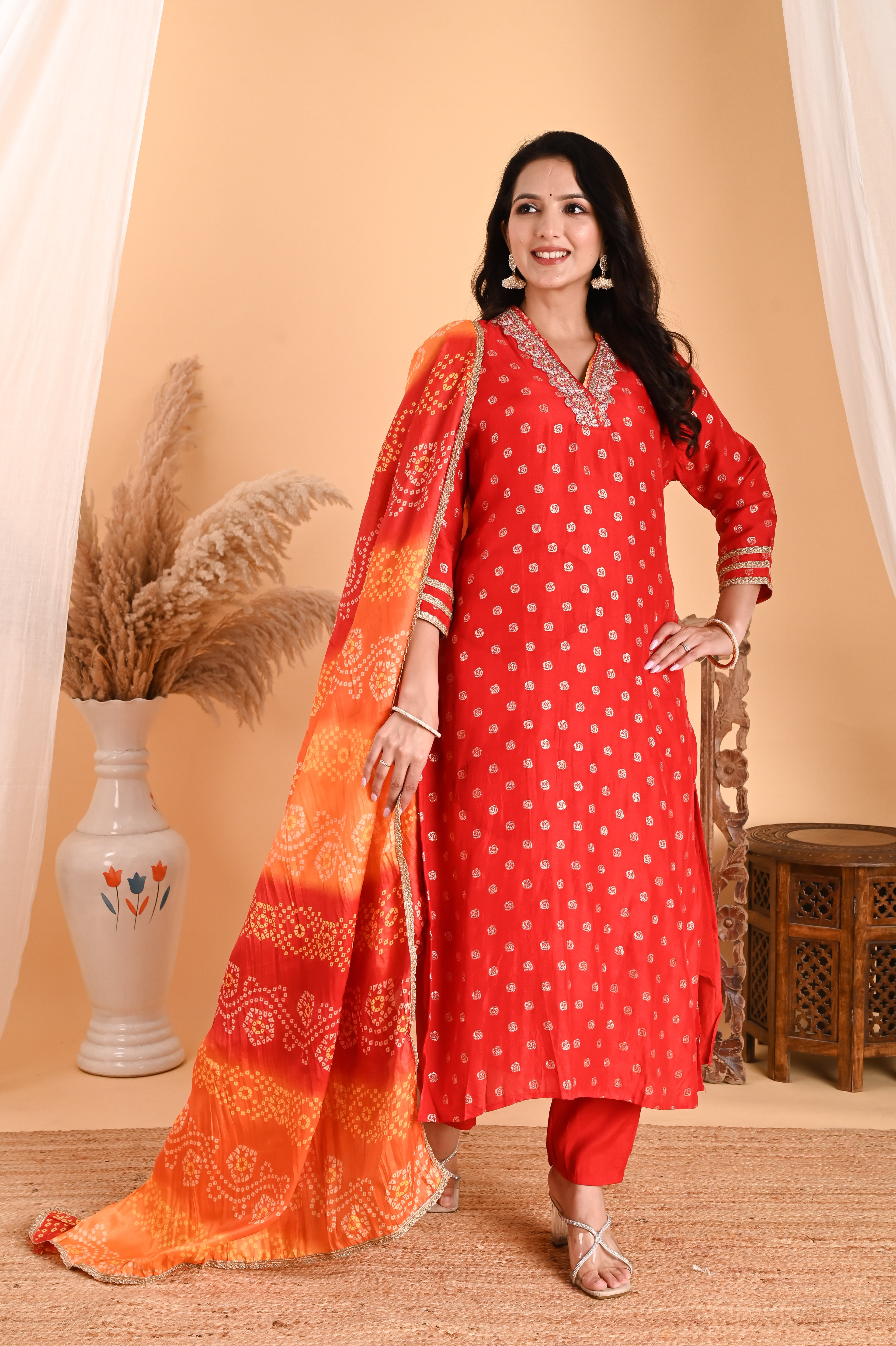 NR-107/ Red Bandhani Printed Kurta Set with Embroidery & Ombre Dupatta
