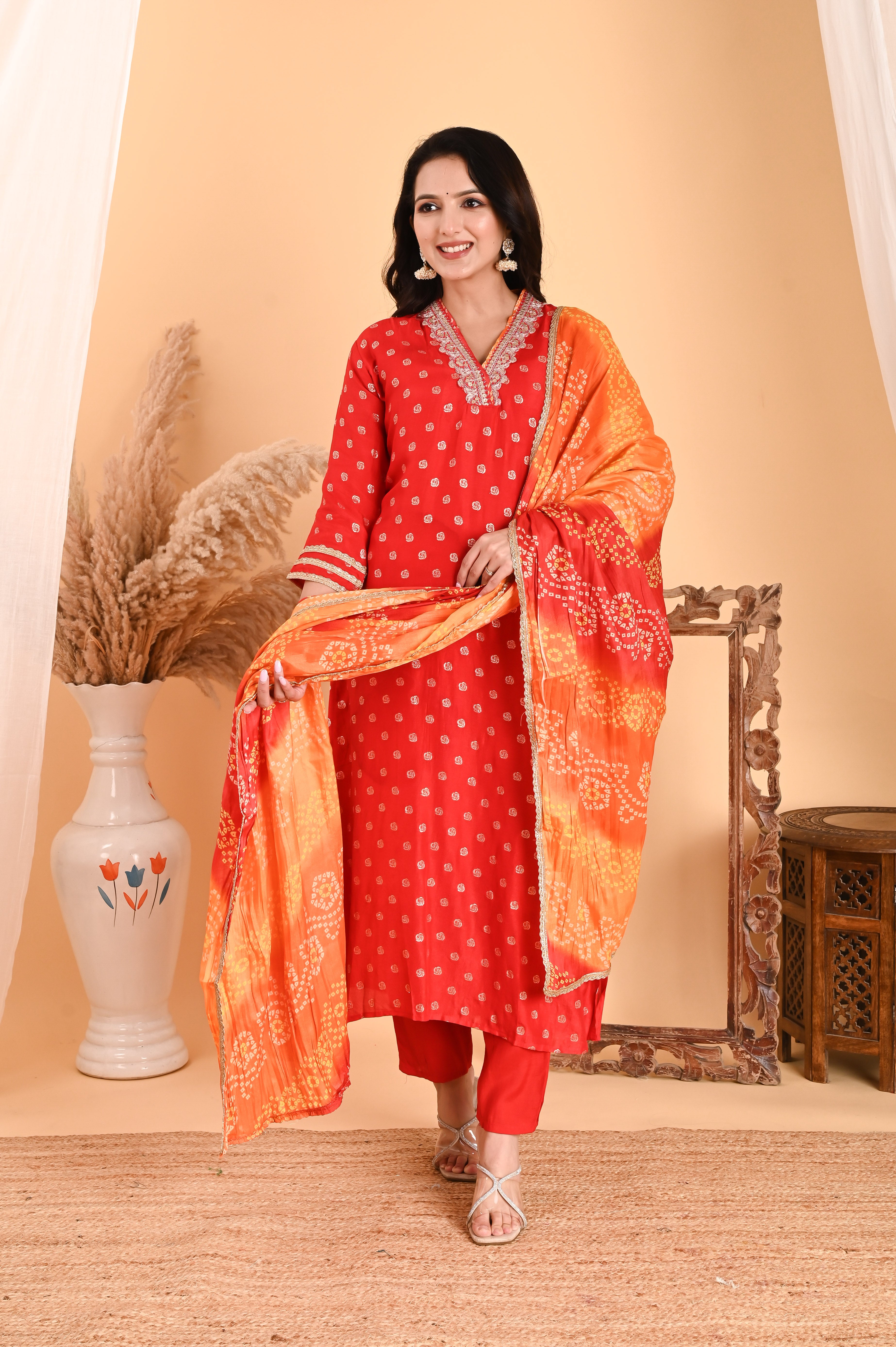 NR-107/ Red Bandhani Printed Kurta Set with Embroidery & Ombre Dupatta