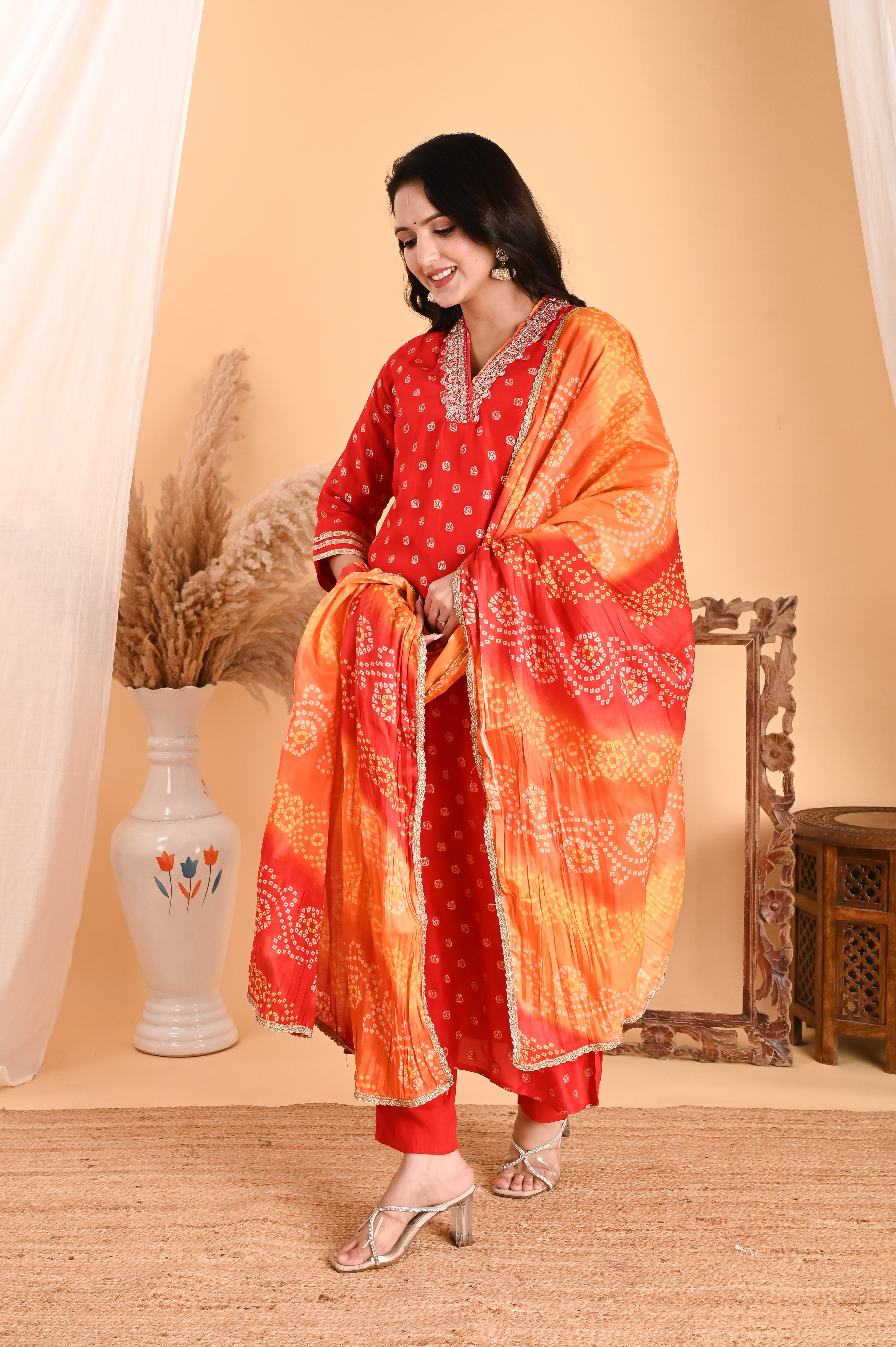 NR-107/ Red Bandhani Printed Kurta Set with Embroidery & Ombre Dupatta