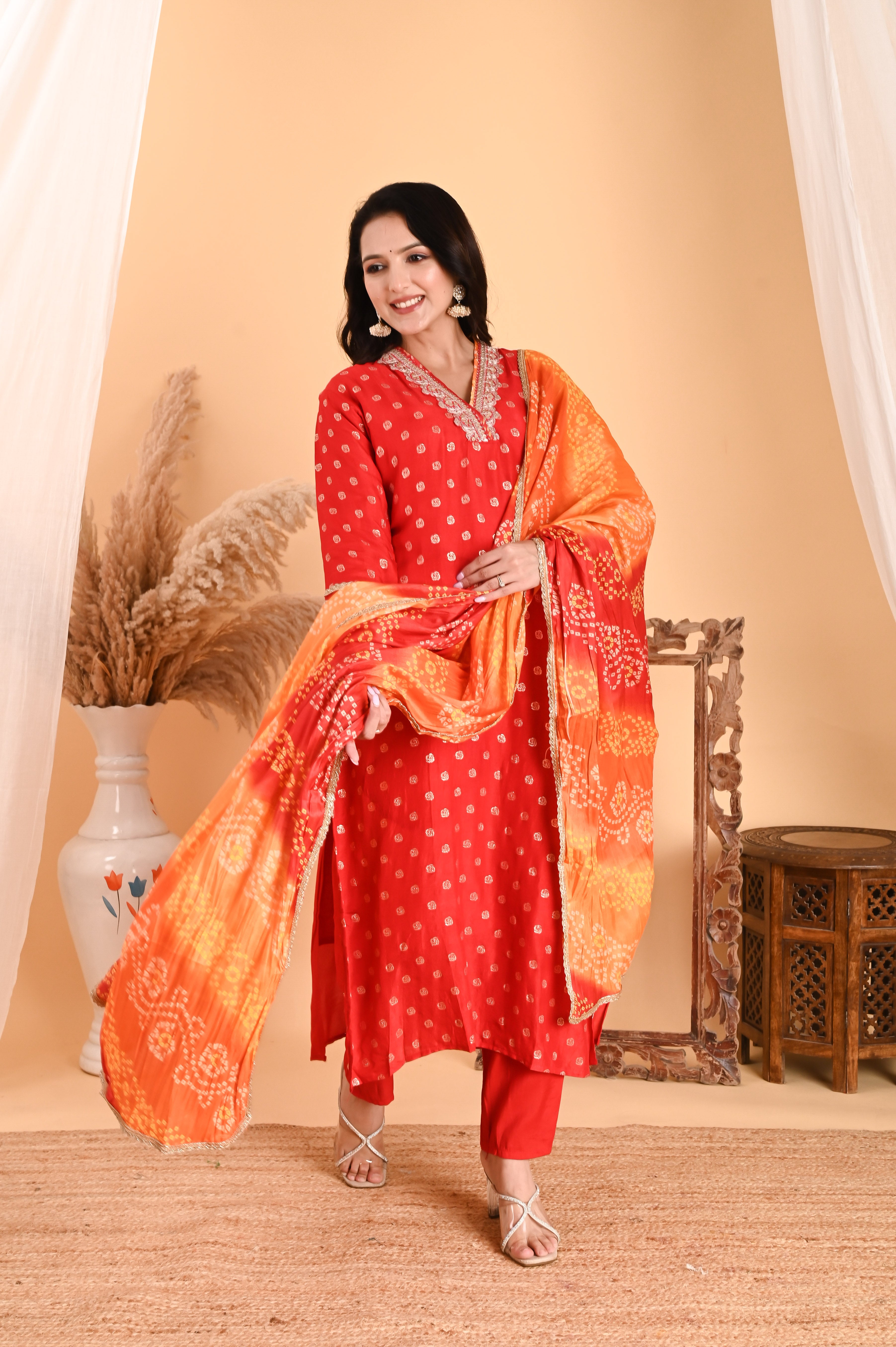 NR-107/ Red Bandhani Printed Kurta Set with Embroidery & Ombre Dupatta