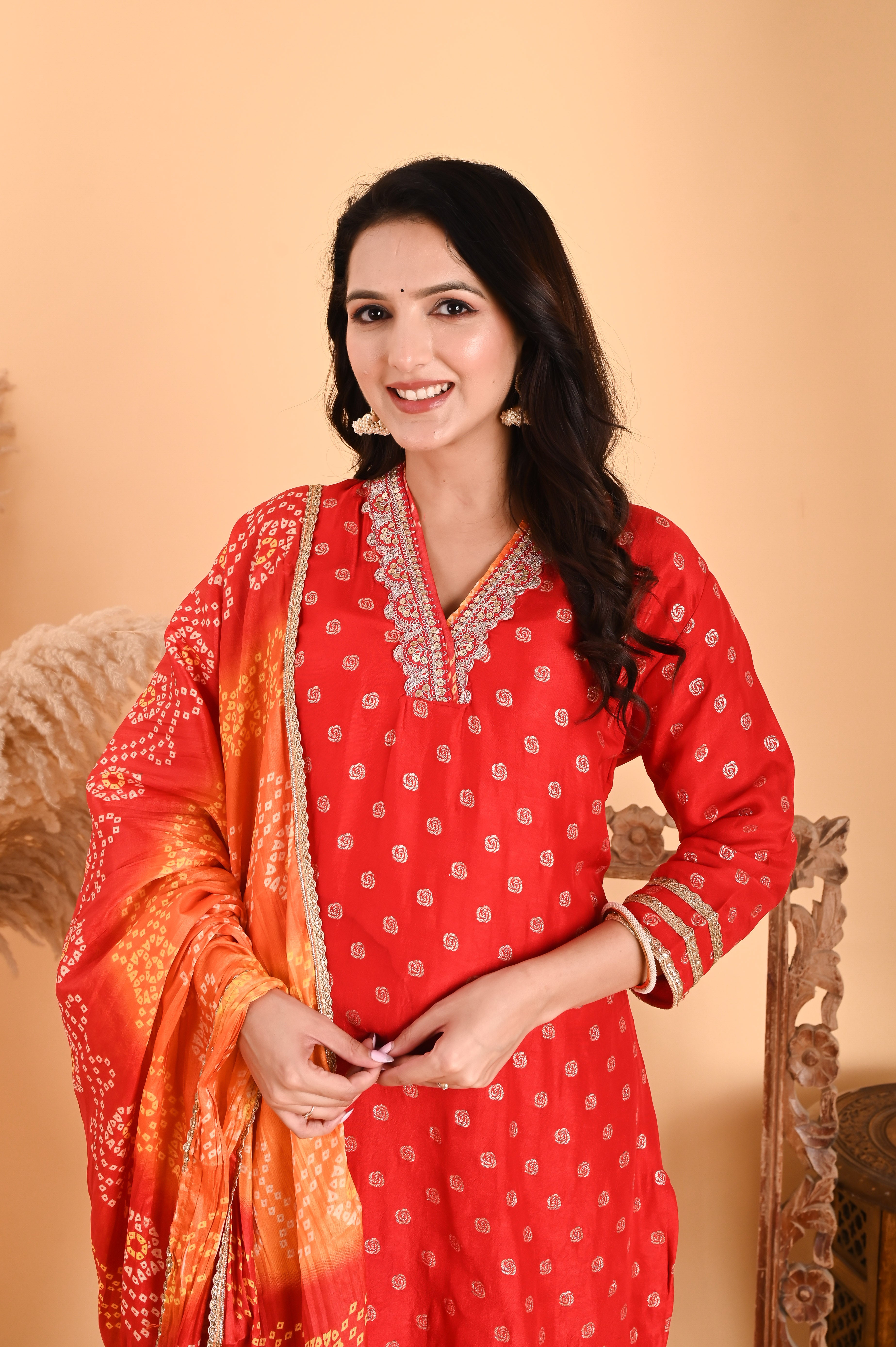 NR-107/ Red Bandhani Printed Kurta Set with Embroidery & Ombre Dupatta