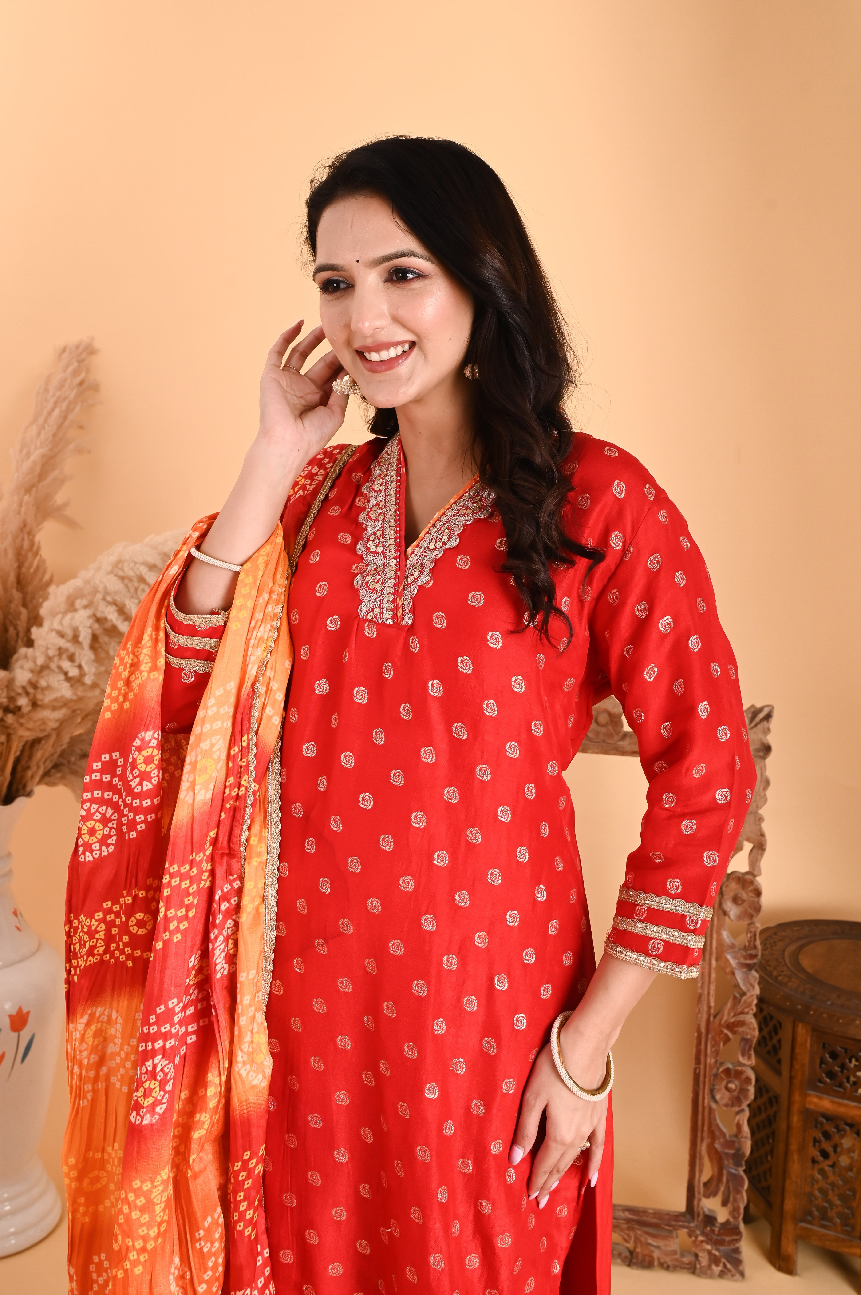 NR-107/ Red Bandhani Printed Kurta Set with Embroidery & Ombre Dupatta