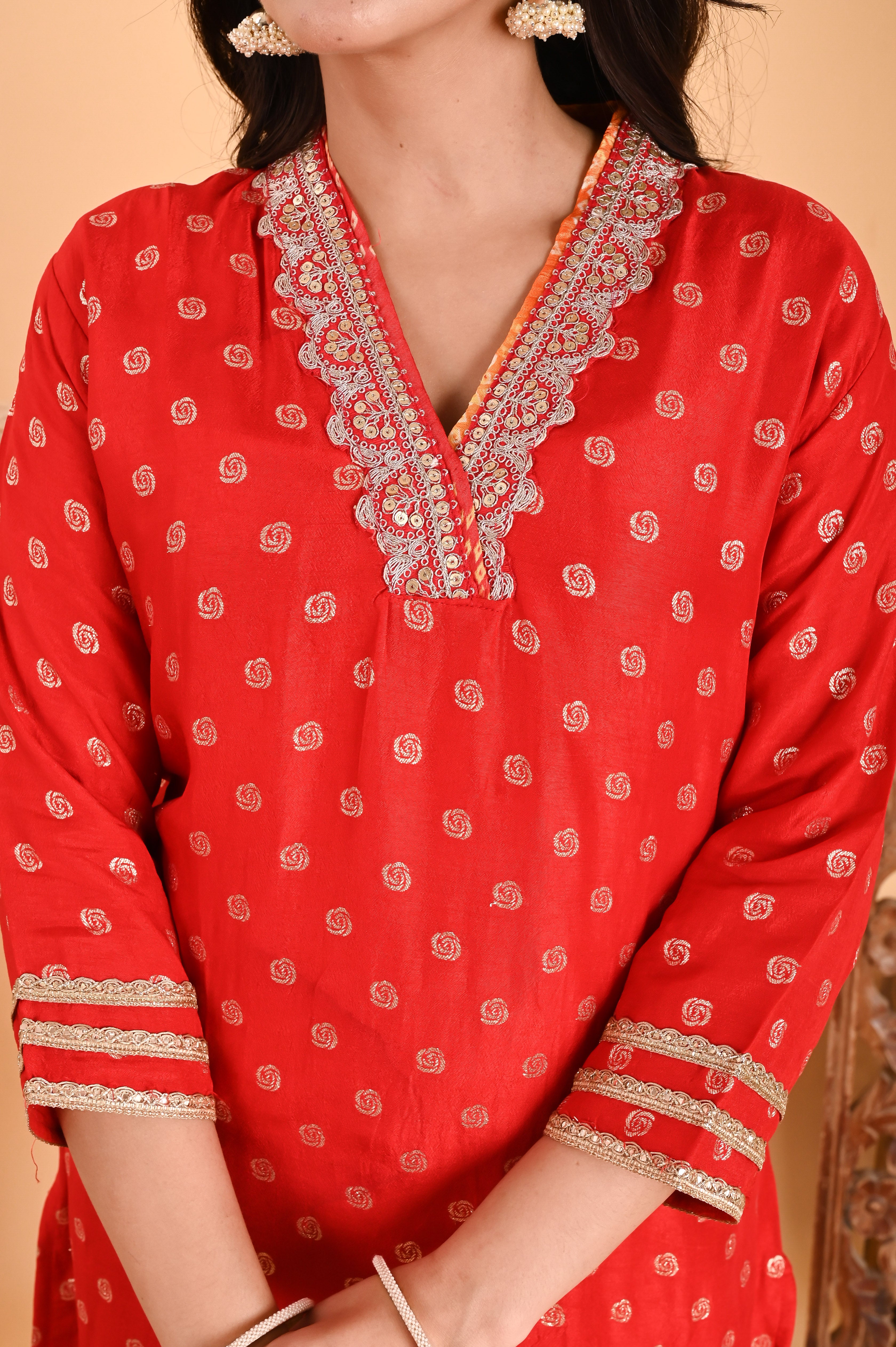 NR-107/ Red Bandhani Printed Kurta Set with Embroidery & Ombre Dupatta