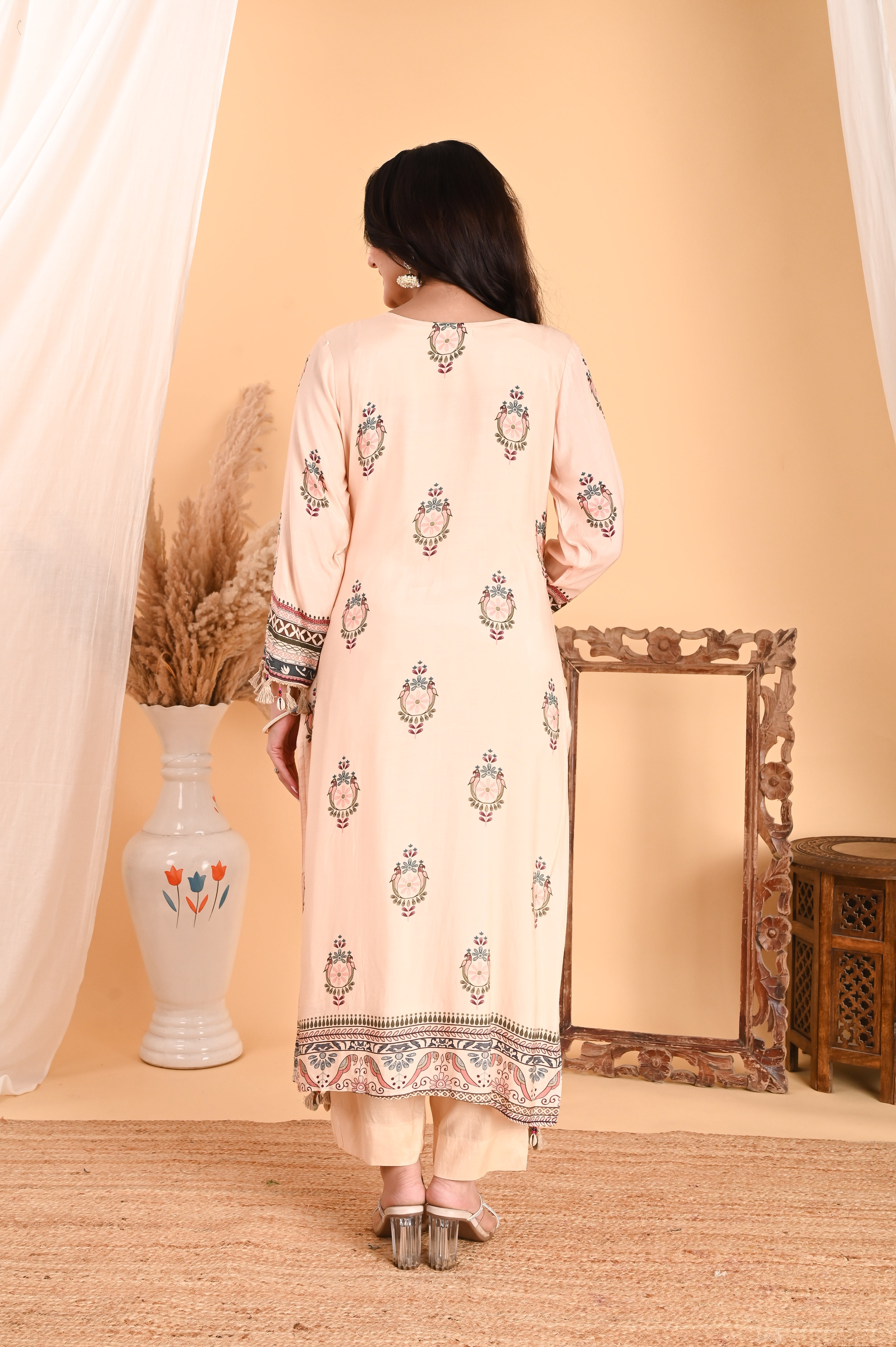 NR-115/ Ivory Embroidered Kurta Set with Printed Dupatta & Tassels