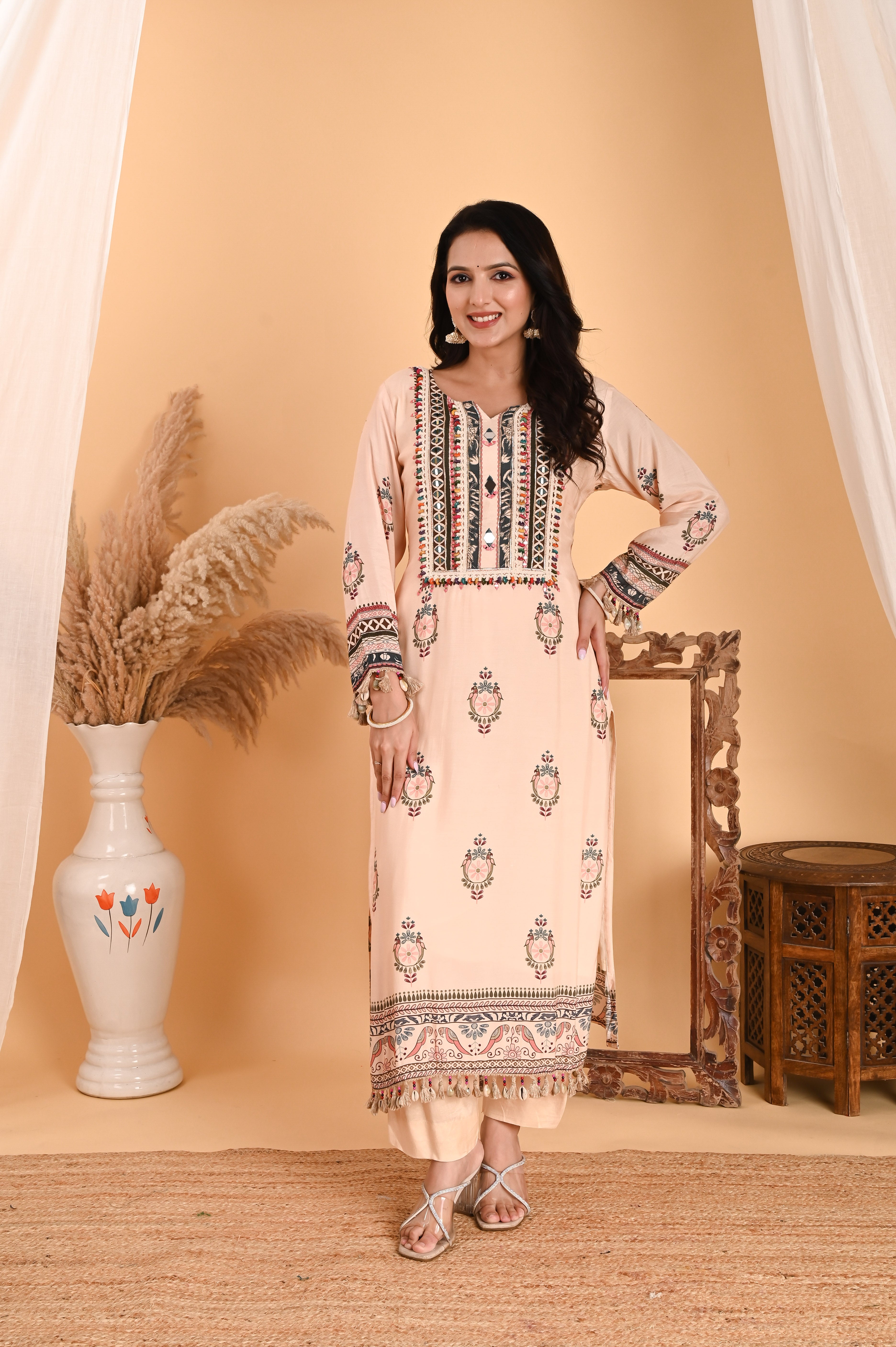 NR-115/ Ivory Embroidered Kurta Set with Printed Dupatta & Tassels