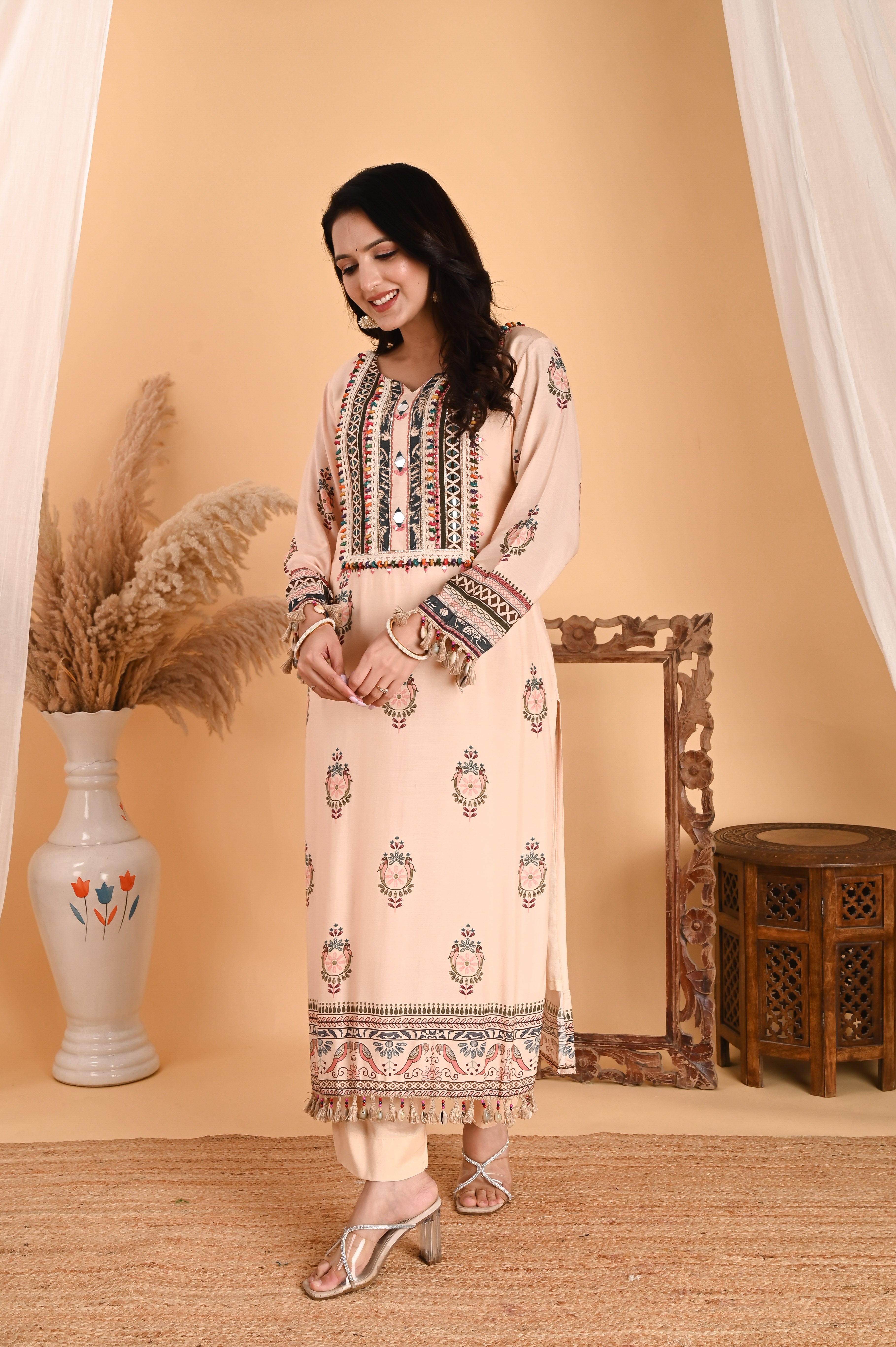 NR-115/ Ivory Embroidered Kurta Set with Printed Dupatta & Tassels