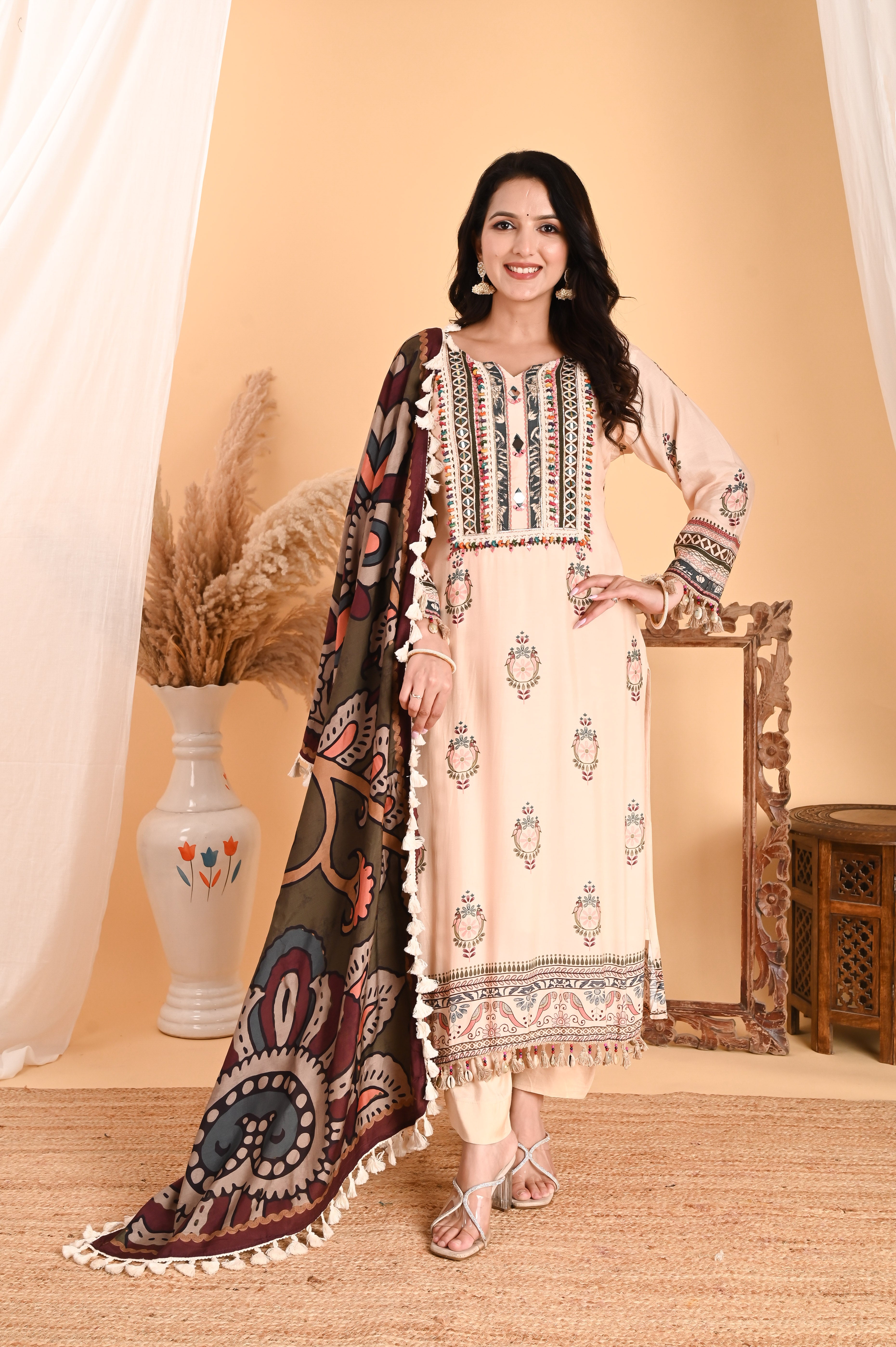 NR-115/ Ivory Embroidered Kurta Set with Printed Dupatta & Tassels