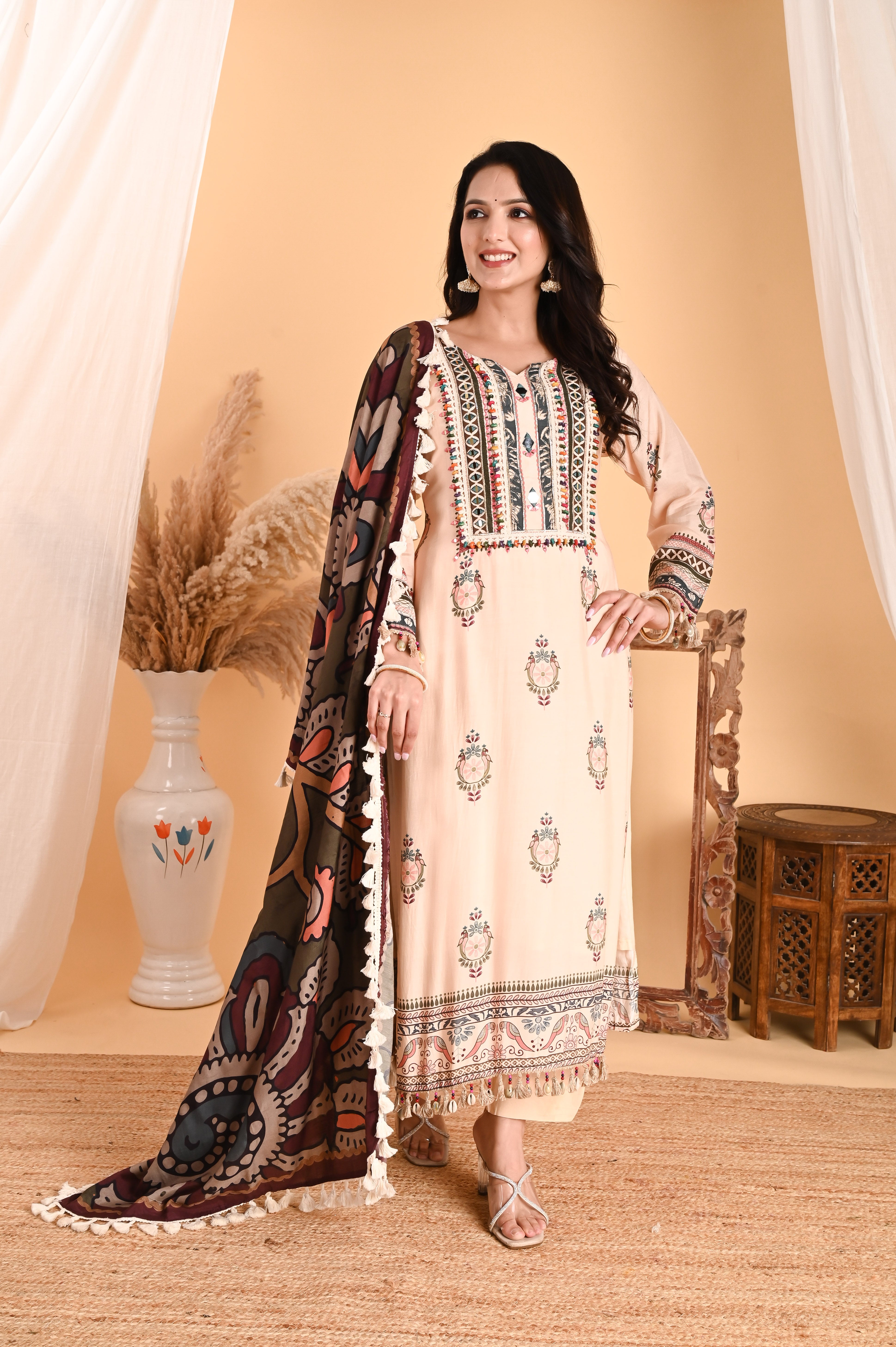 NR-115/ Ivory Embroidered Kurta Set with Printed Dupatta & Tassels