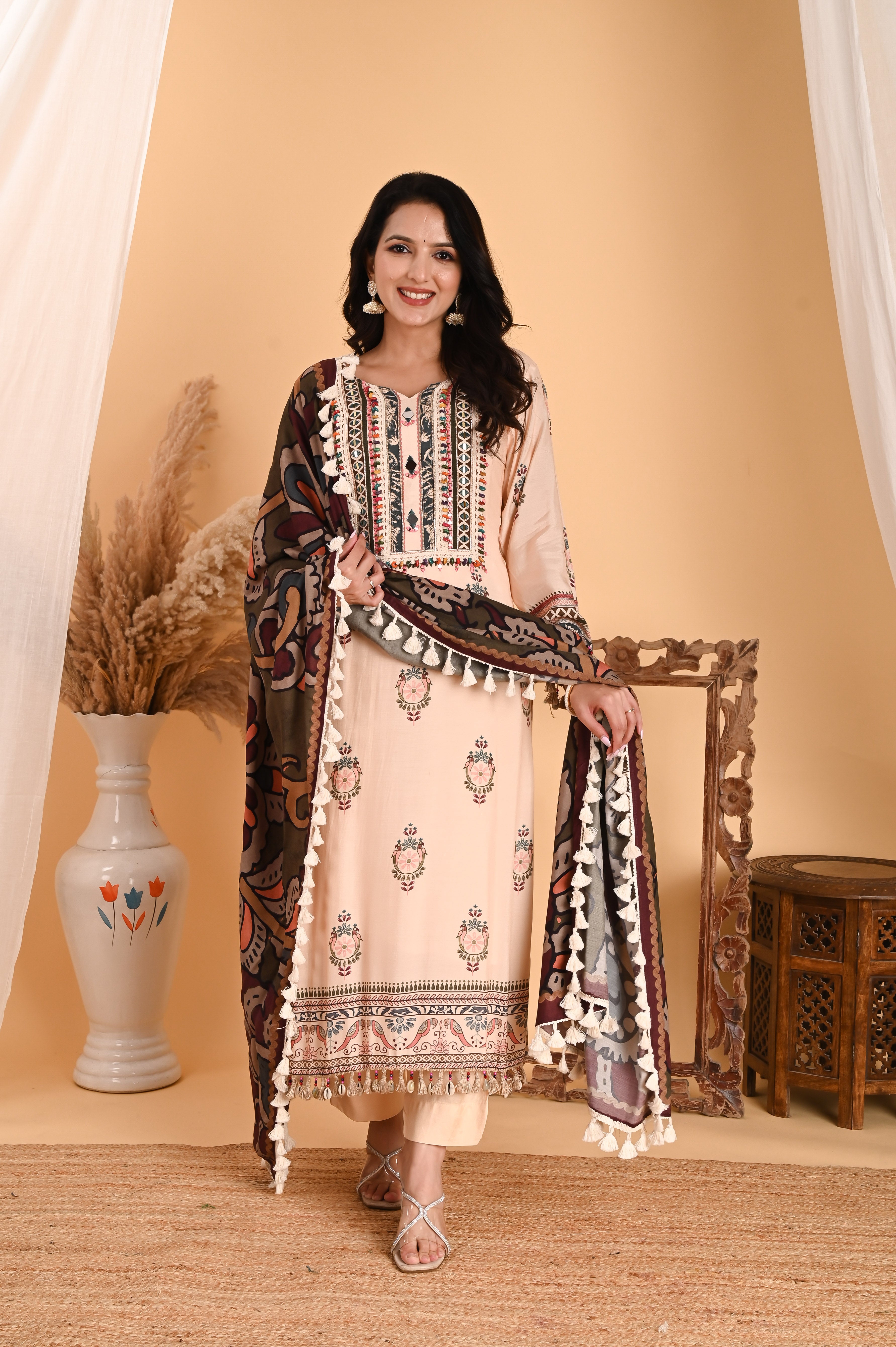 NR-115/ Ivory Embroidered Kurta Set with Printed Dupatta & Tassels