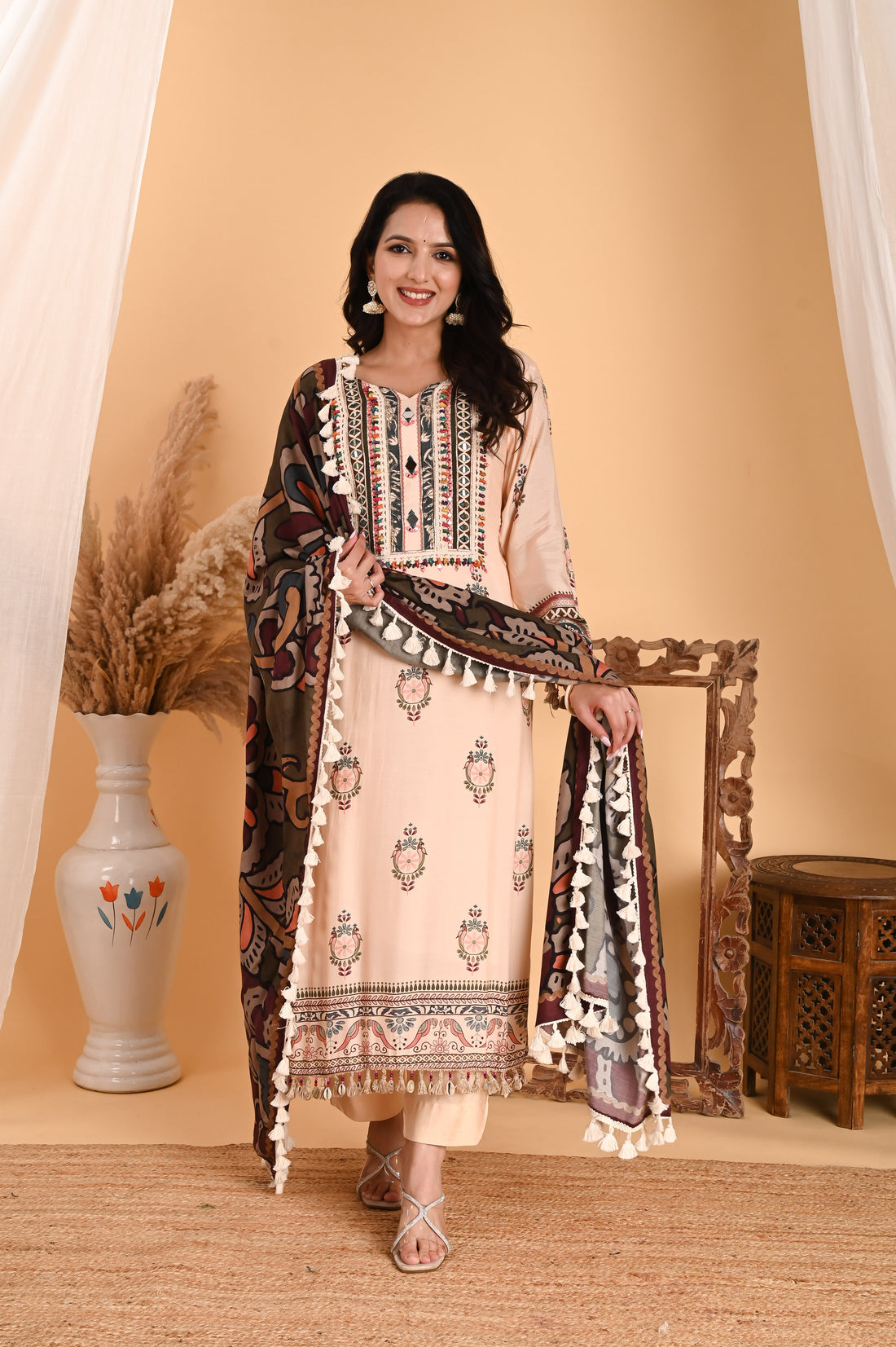 NR-115/ Ivory Embroidered Kurta Set with Printed Dupatta & Tassels