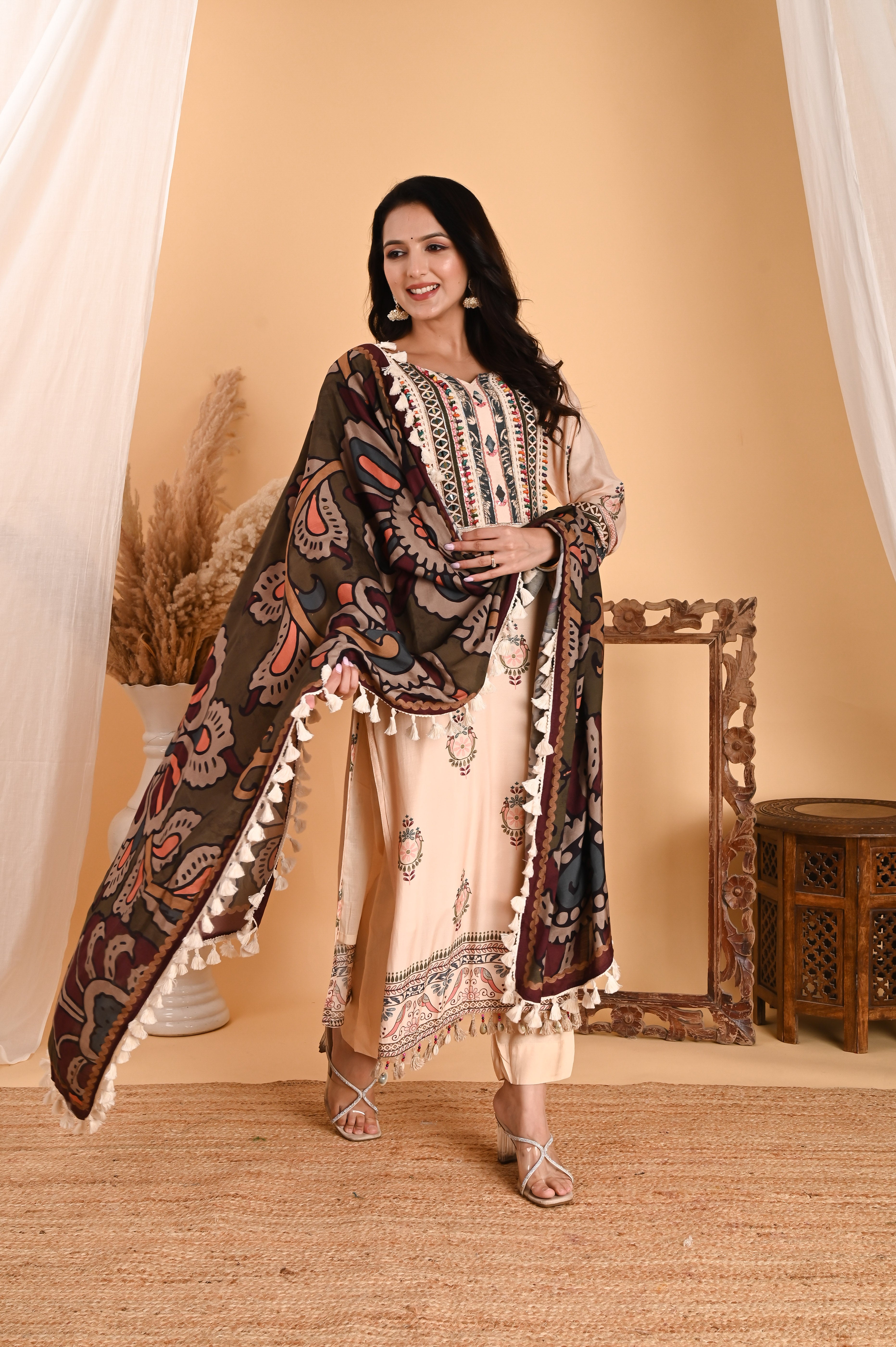 NR-115/ Ivory Embroidered Kurta Set with Printed Dupatta & Tassels