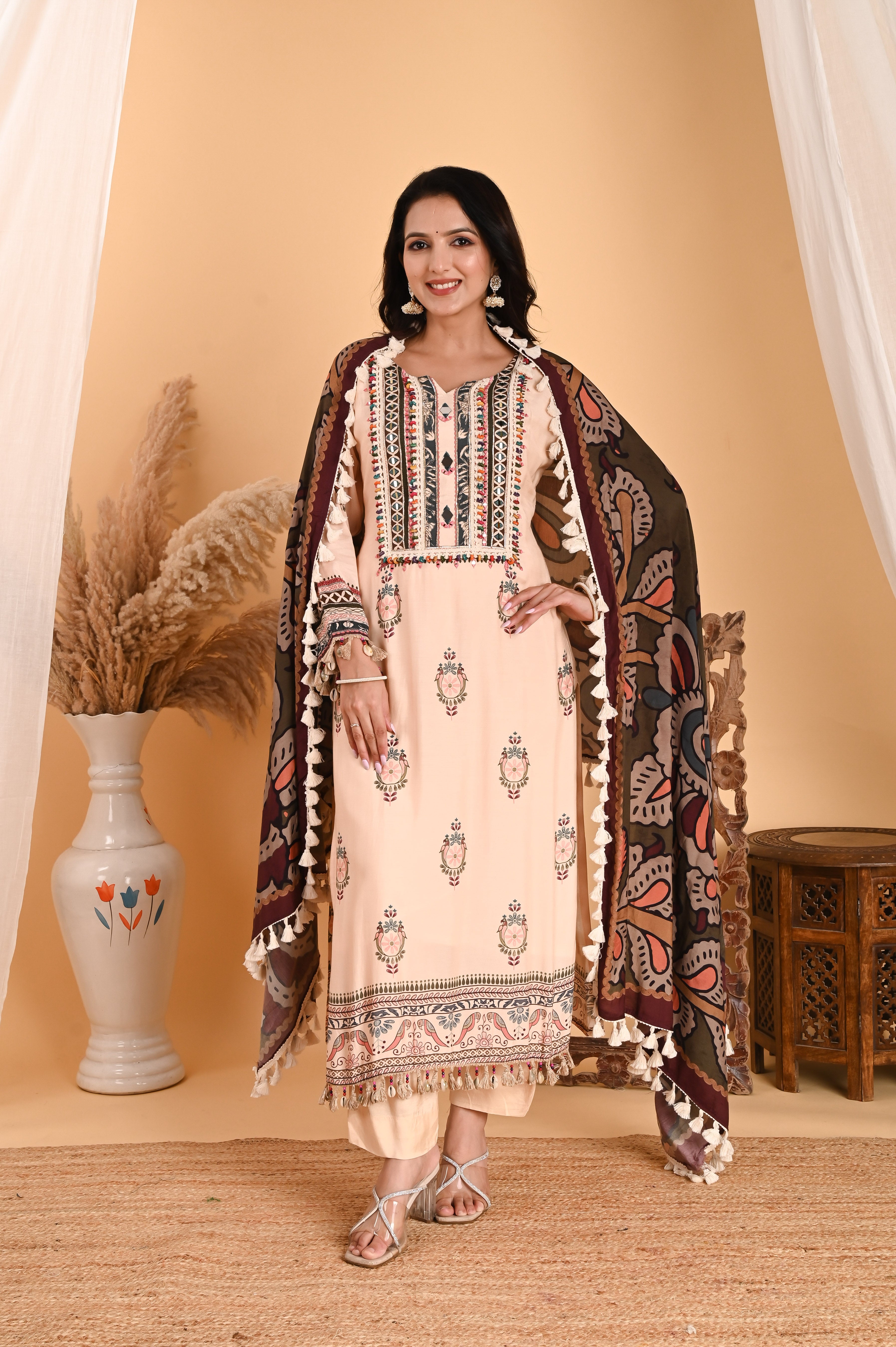 NR-115/ Ivory Embroidered Kurta Set with Printed Dupatta & Tassels