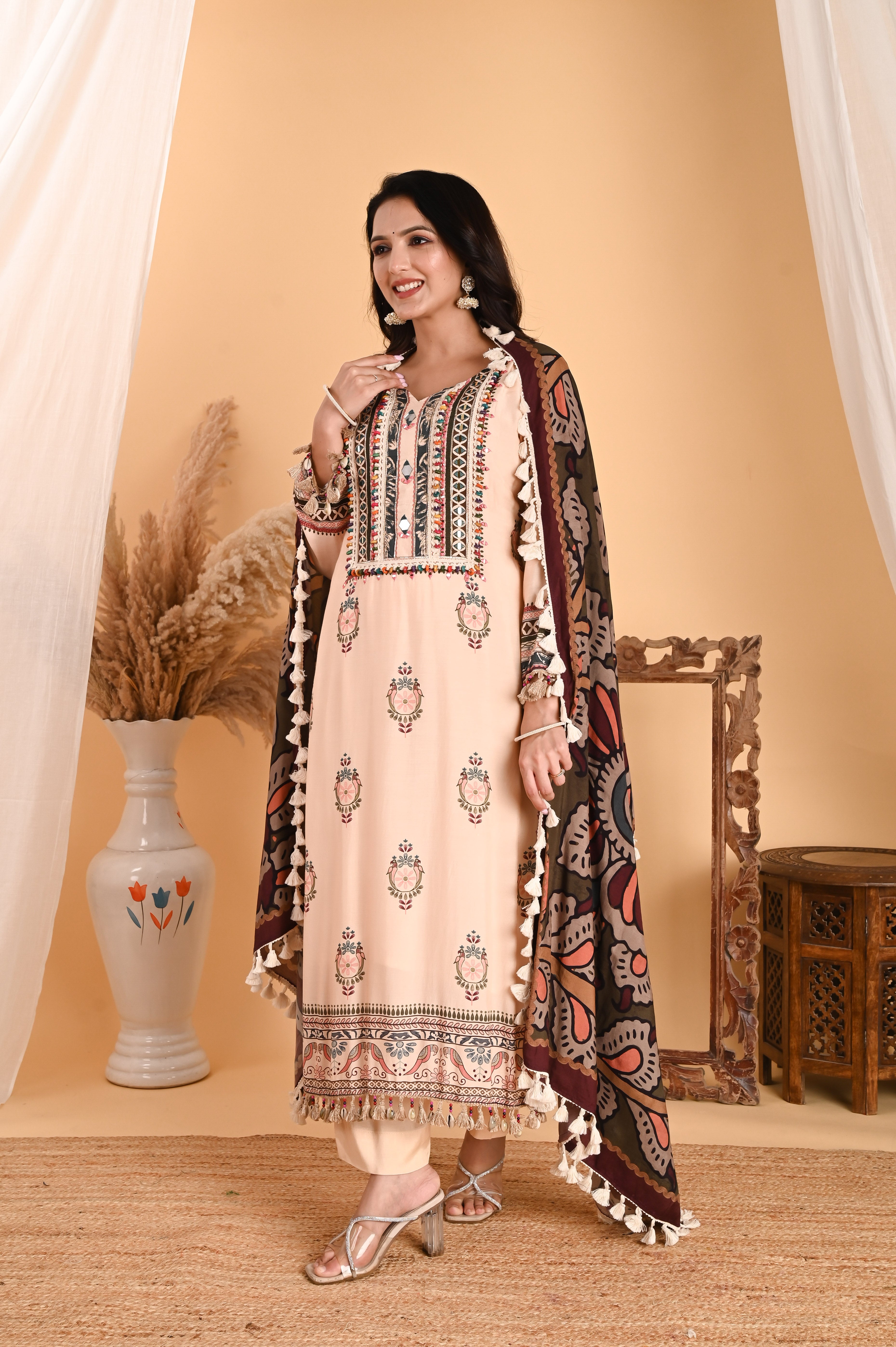 NR-115/ Ivory Embroidered Kurta Set with Printed Dupatta & Tassels