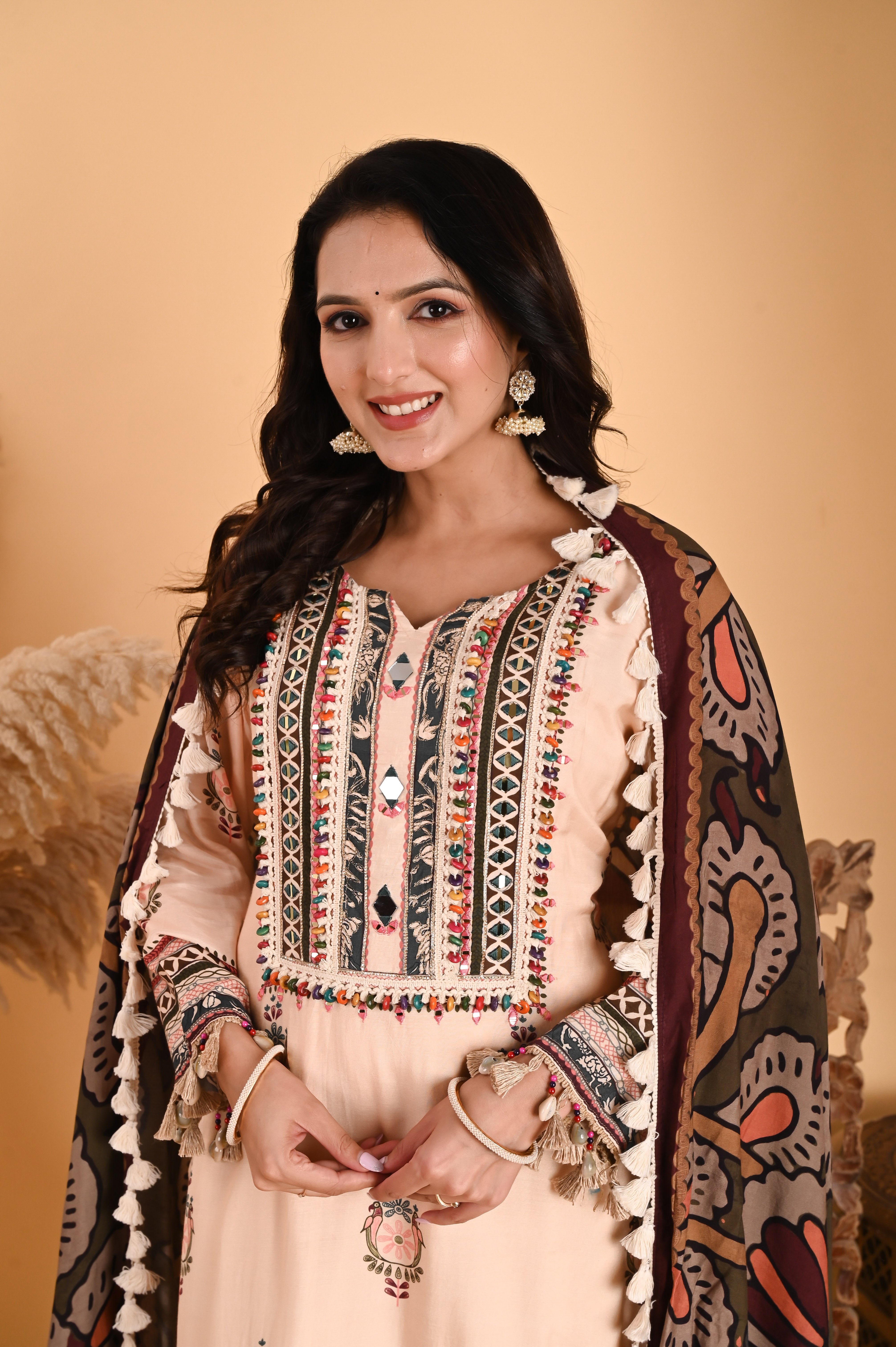 NR-115/ Ivory Embroidered Kurta Set with Printed Dupatta & Tassels