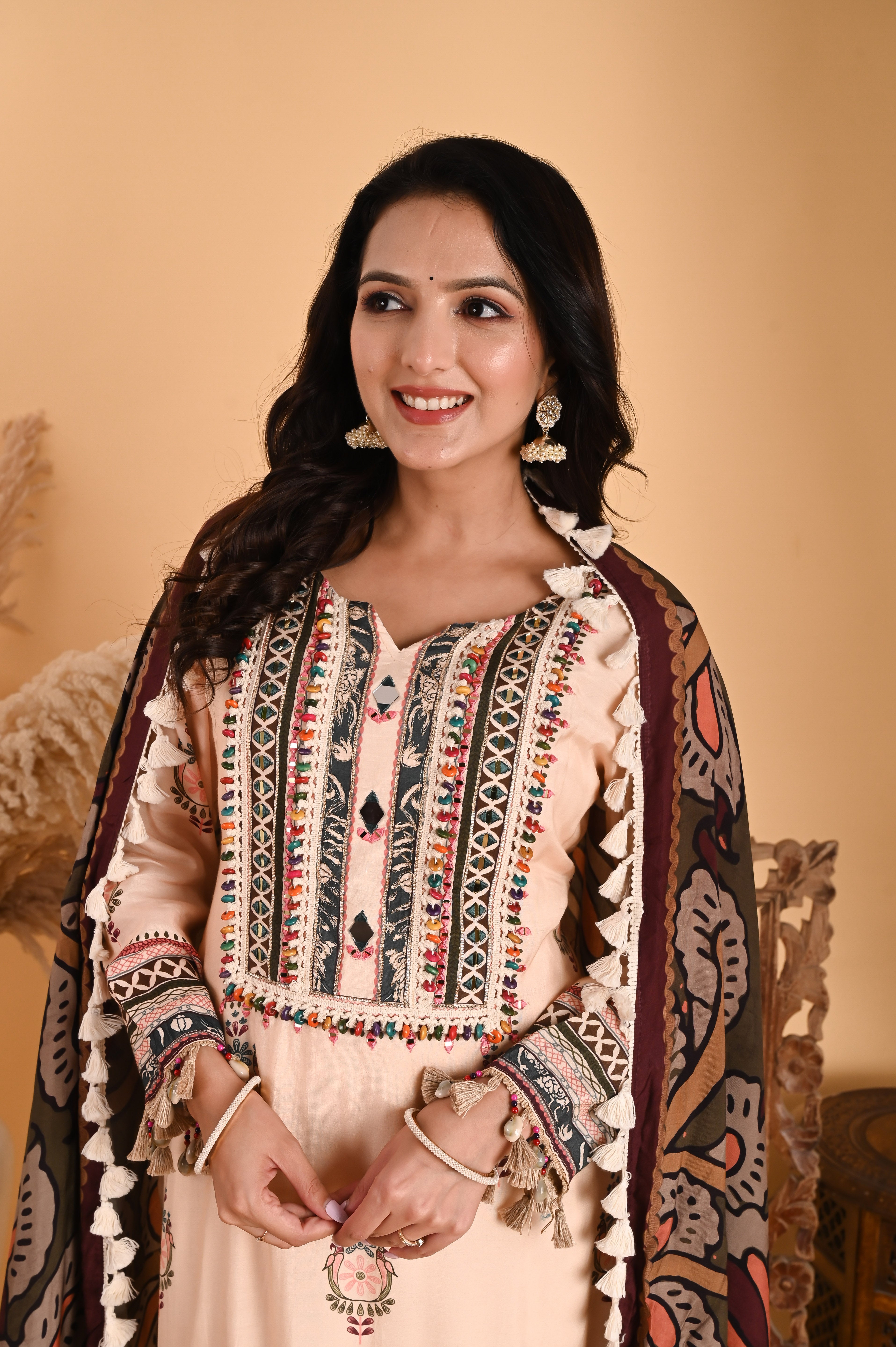 NR-115/ Ivory Embroidered Kurta Set with Printed Dupatta & Tassels