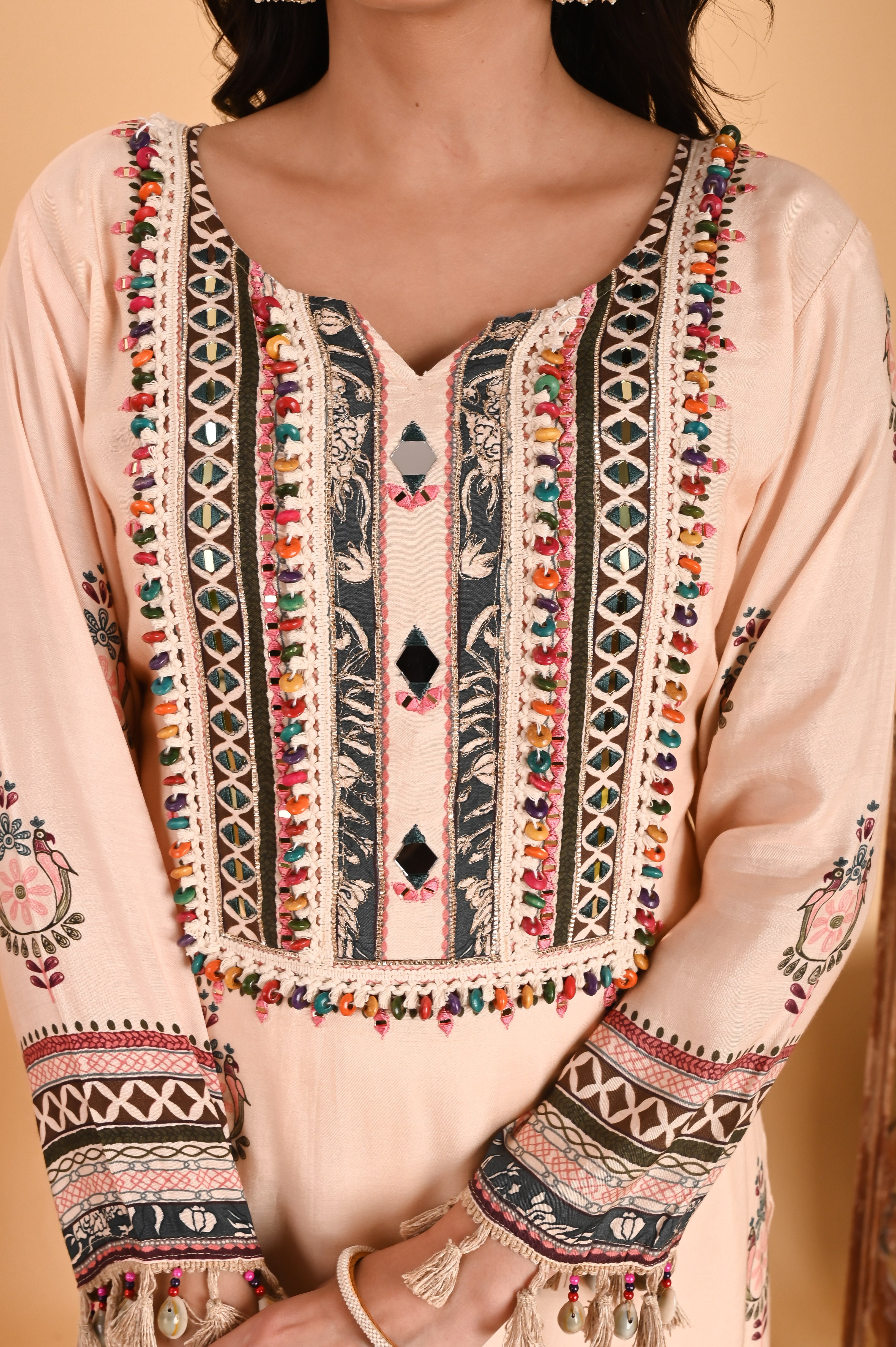 NR-115/ Ivory Embroidered Kurta Set with Printed Dupatta & Tassels