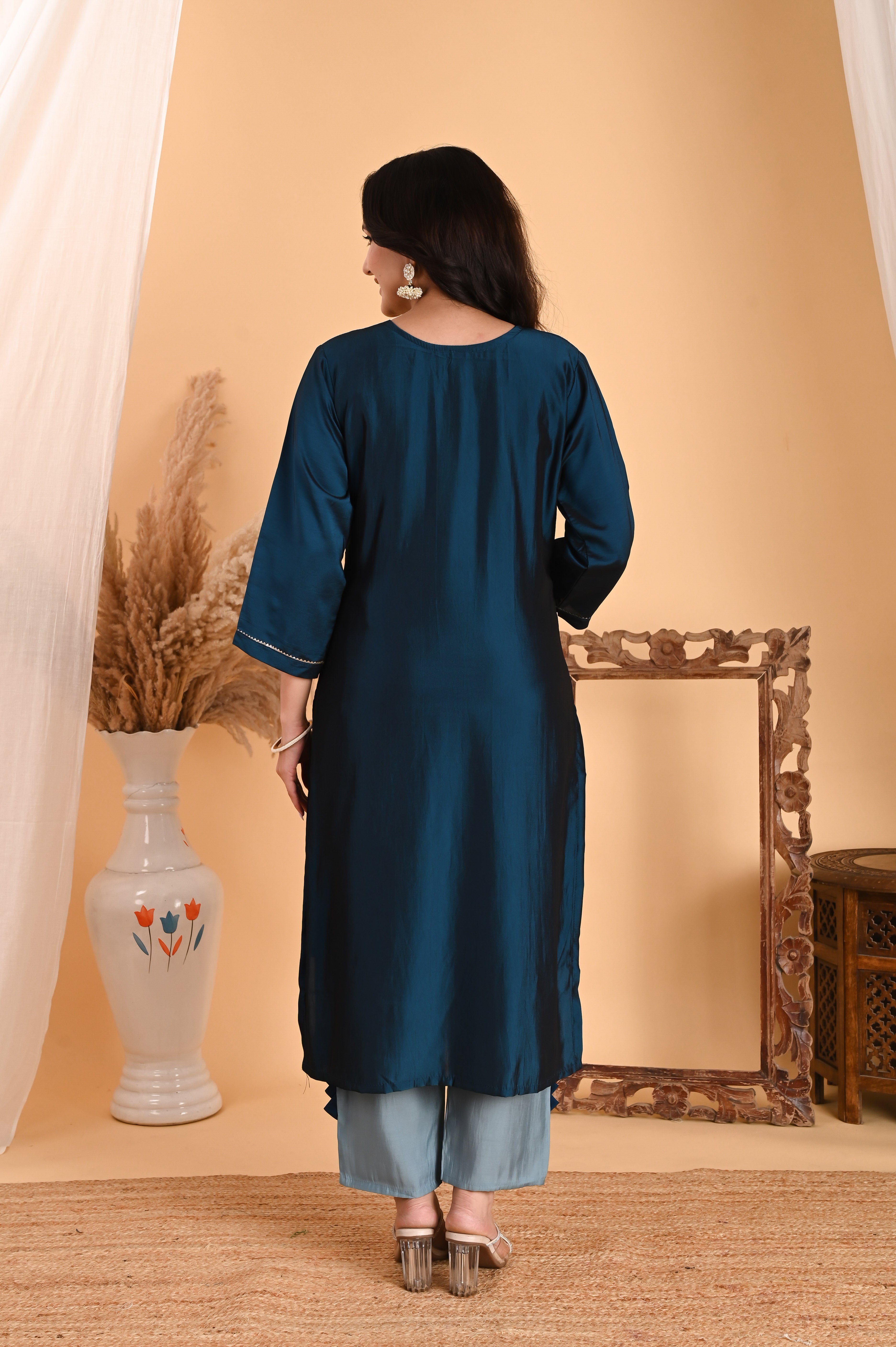 NR-106/ Teal Blue Embroidered Chanderi Suit Set with Printed Dupatta