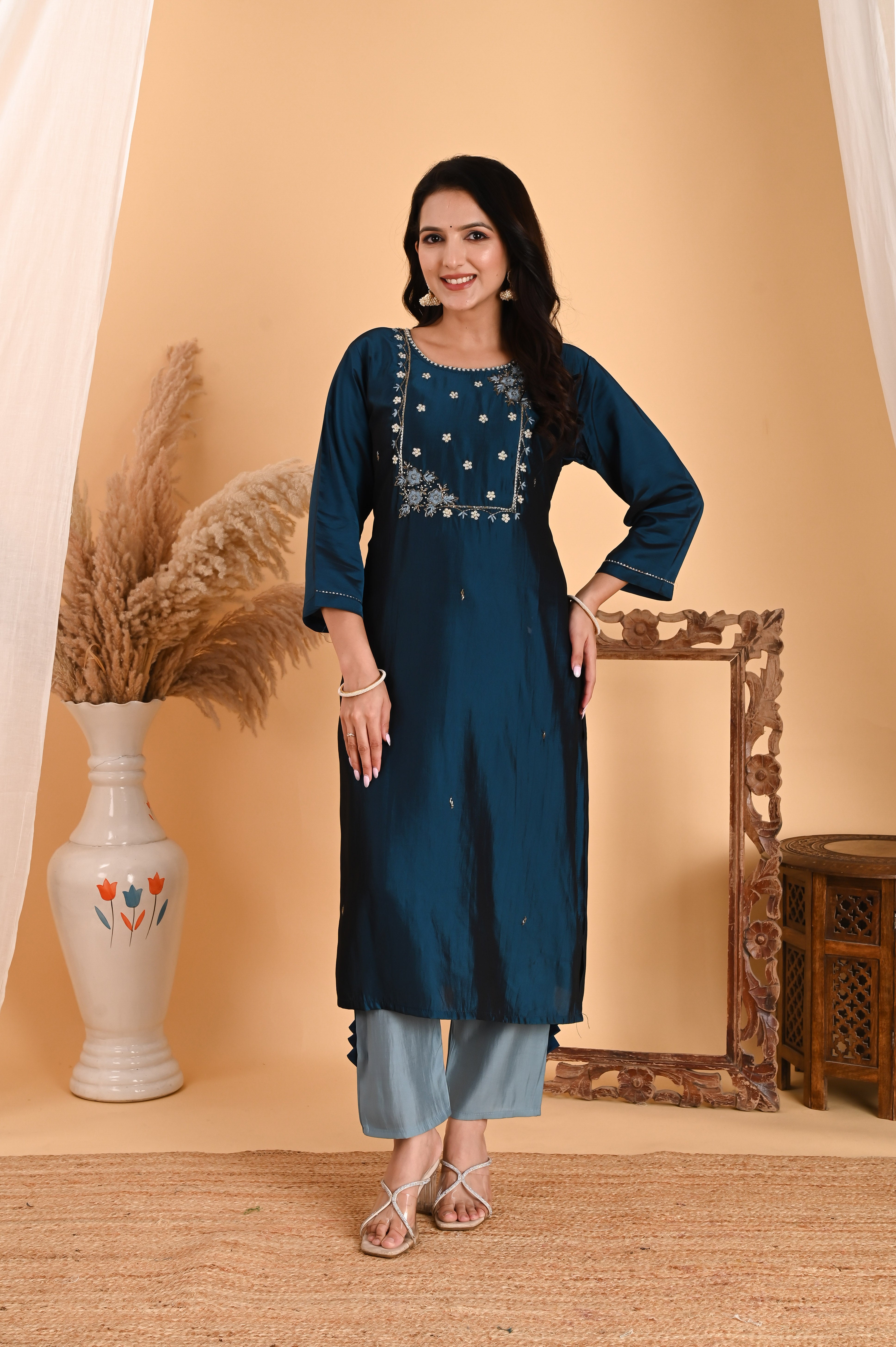 NR-106/ Teal Blue Embroidered Chanderi Suit Set with Printed Dupatta