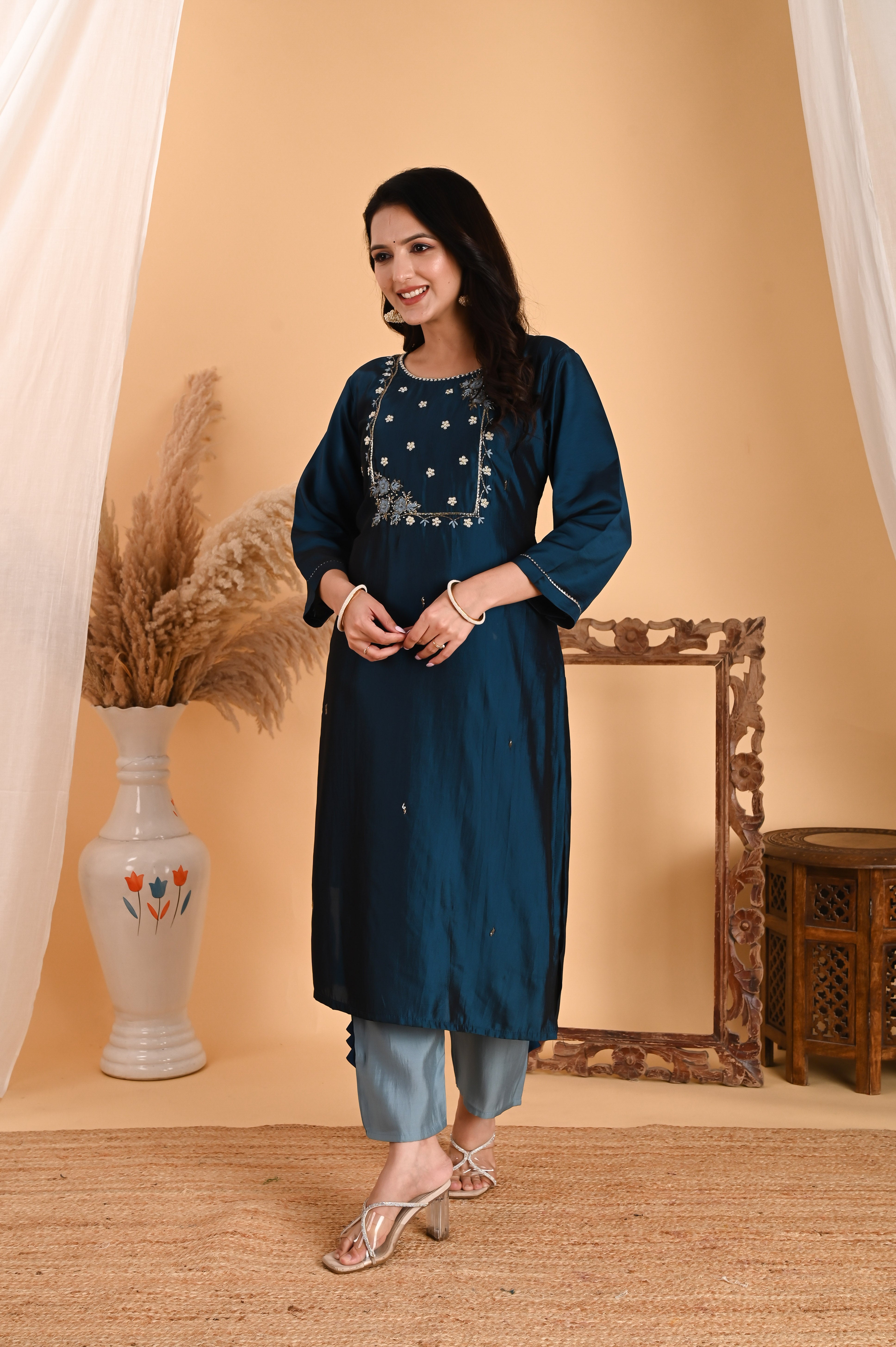 NR-106/ Teal Blue Embroidered Chanderi Suit Set with Printed Dupatta