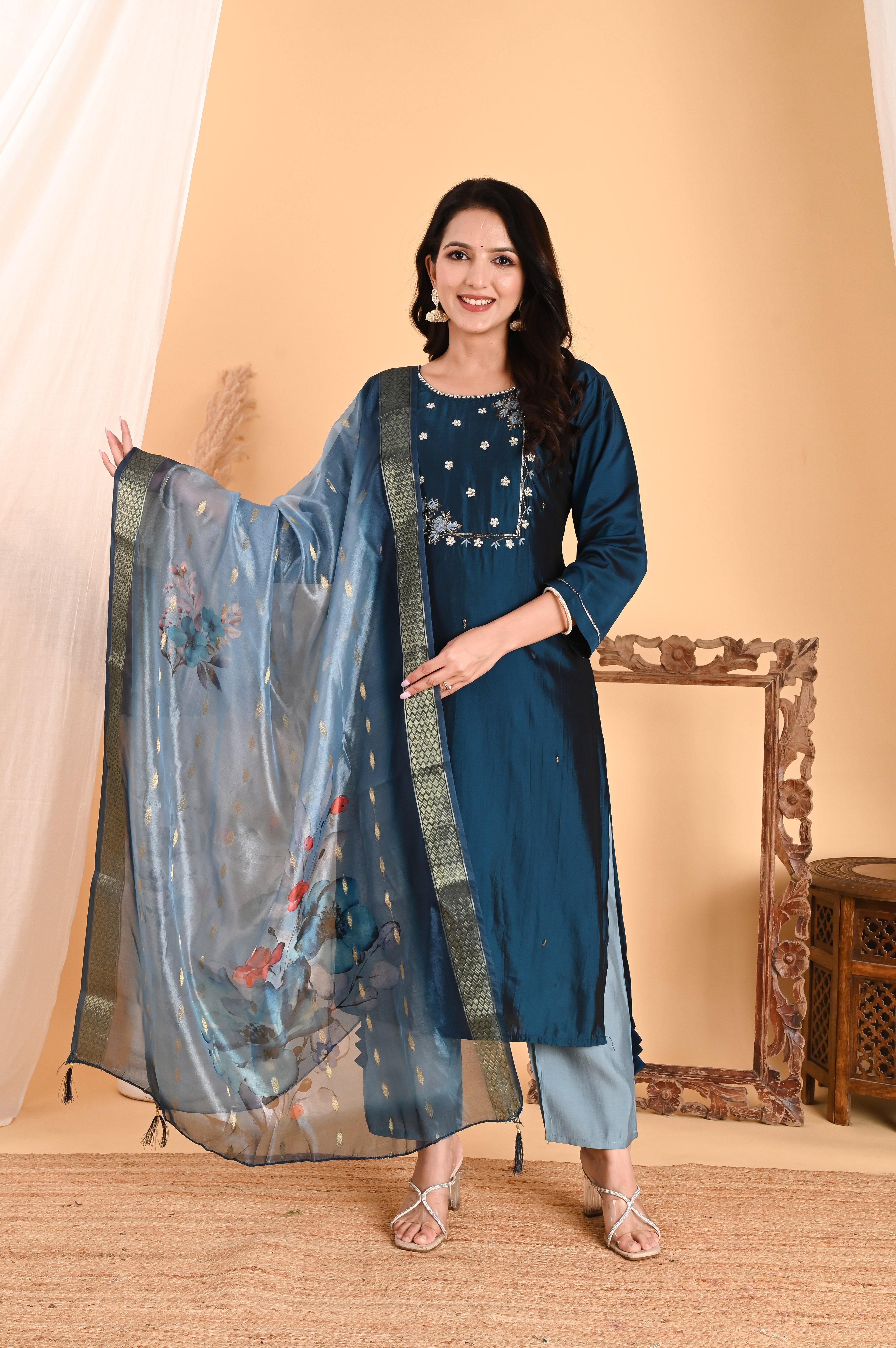 NR-106/ Teal Blue Embroidered Chanderi Suit Set with Printed Dupatta
