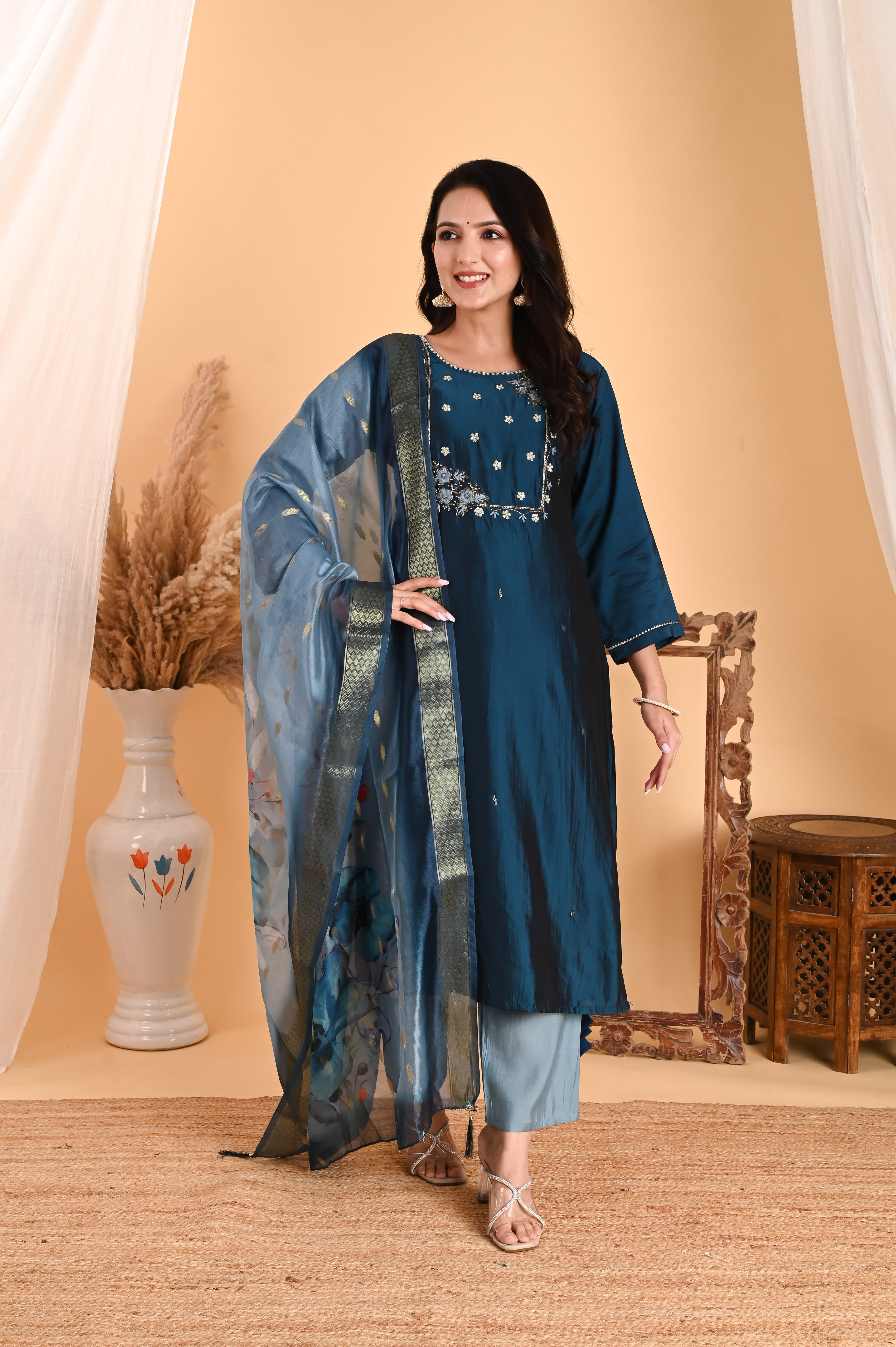NR-106/ Teal Blue Embroidered Chanderi Suit Set with Printed Dupatta
