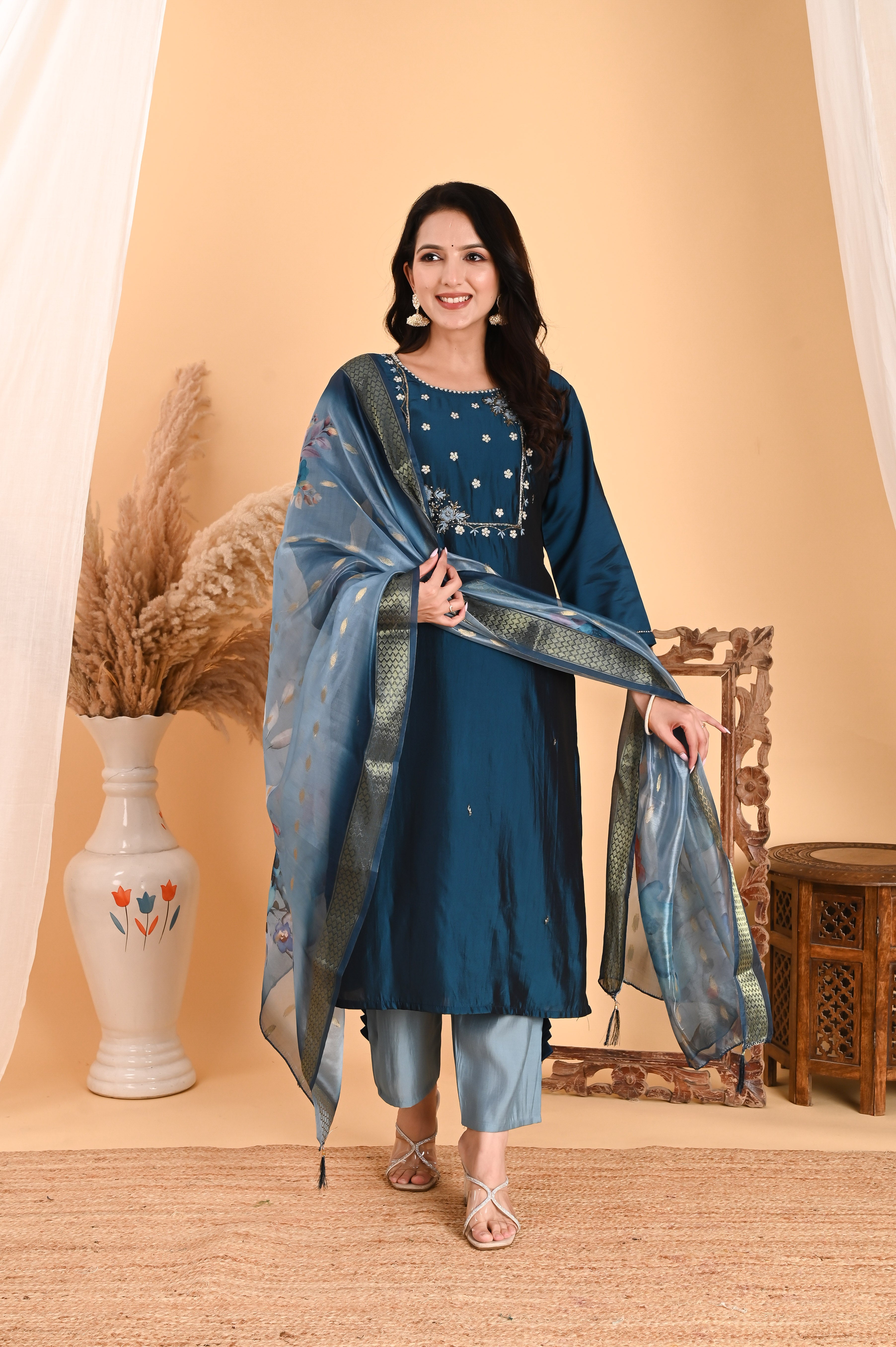 NR-106/ Teal Blue Embroidered Chanderi Suit Set with Printed Dupatta