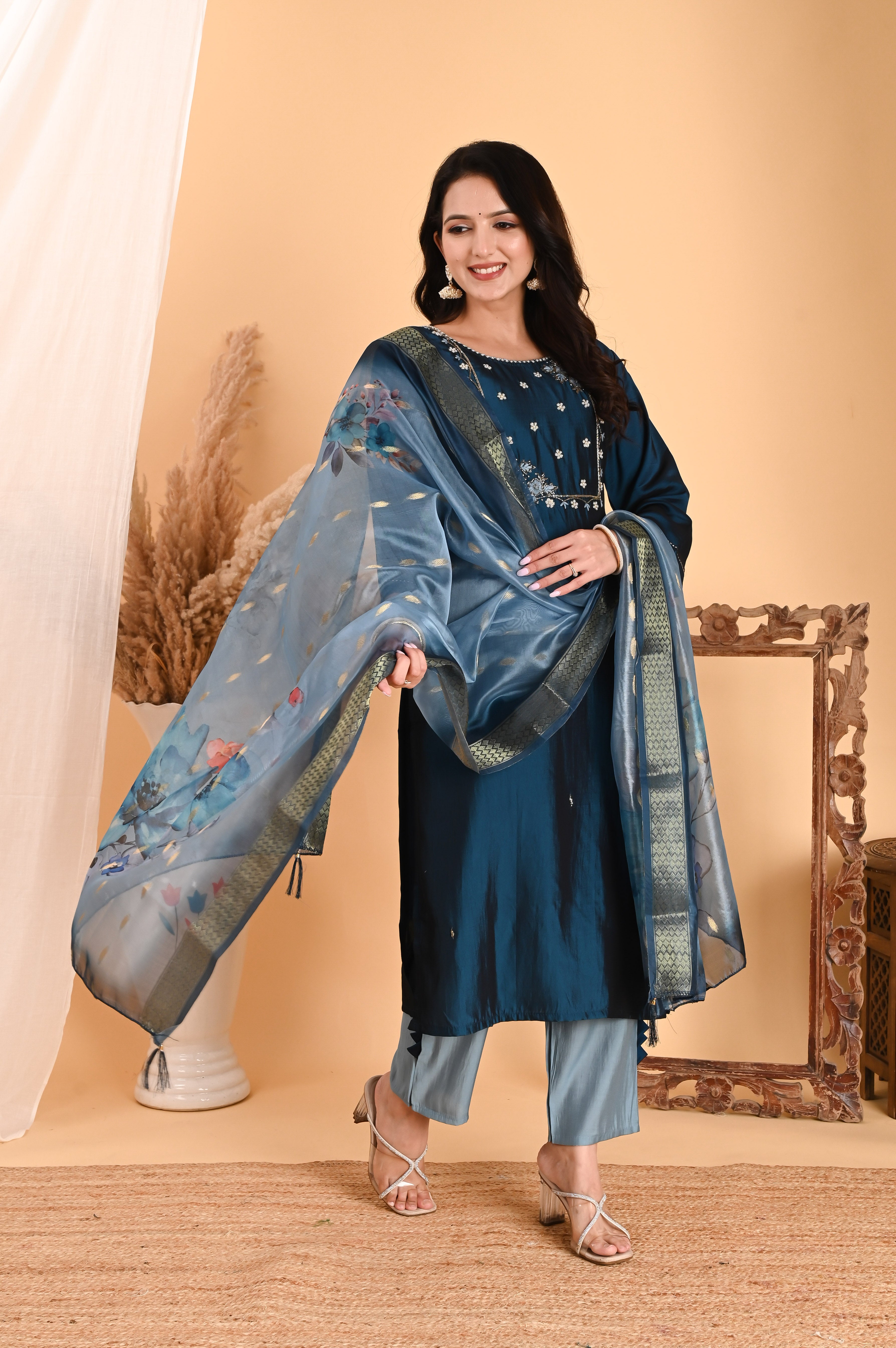 NR-106/ Teal Blue Embroidered Chanderi Suit Set with Printed Dupatta
