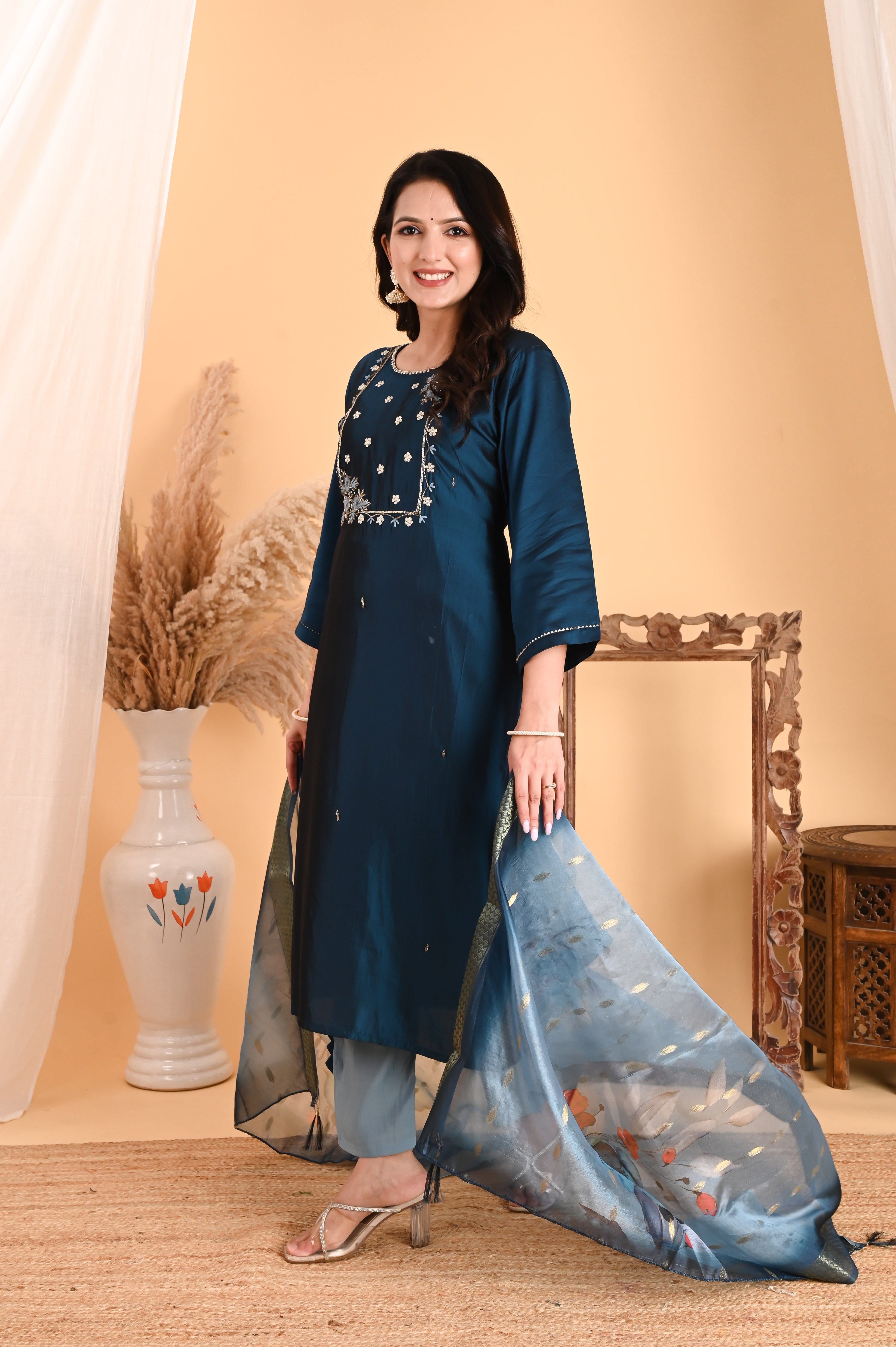NR-106/ Teal Blue Embroidered Chanderi Suit Set with Printed Dupatta