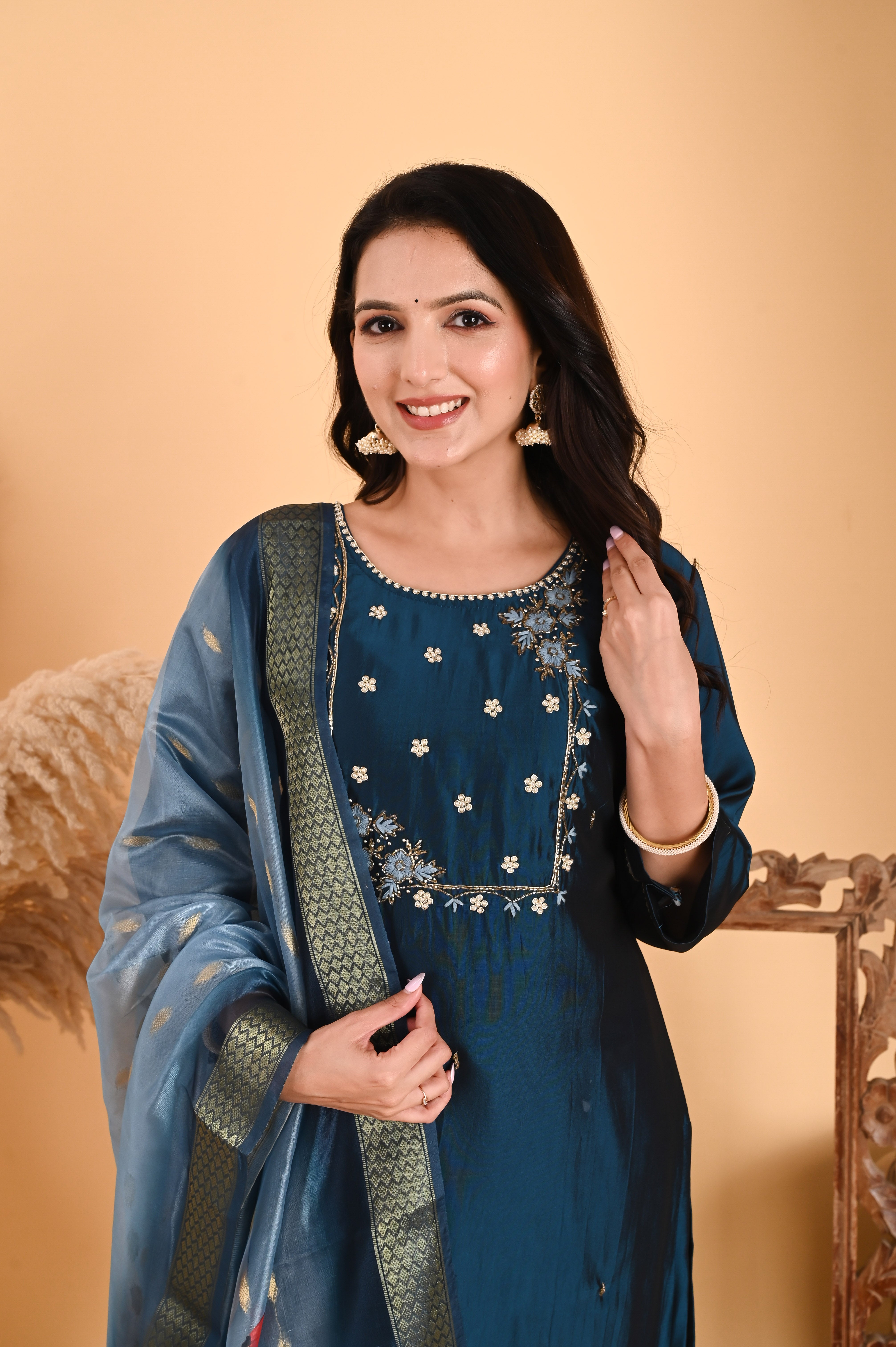 NR-106/ Teal Blue Embroidered Chanderi Suit Set with Printed Dupatta