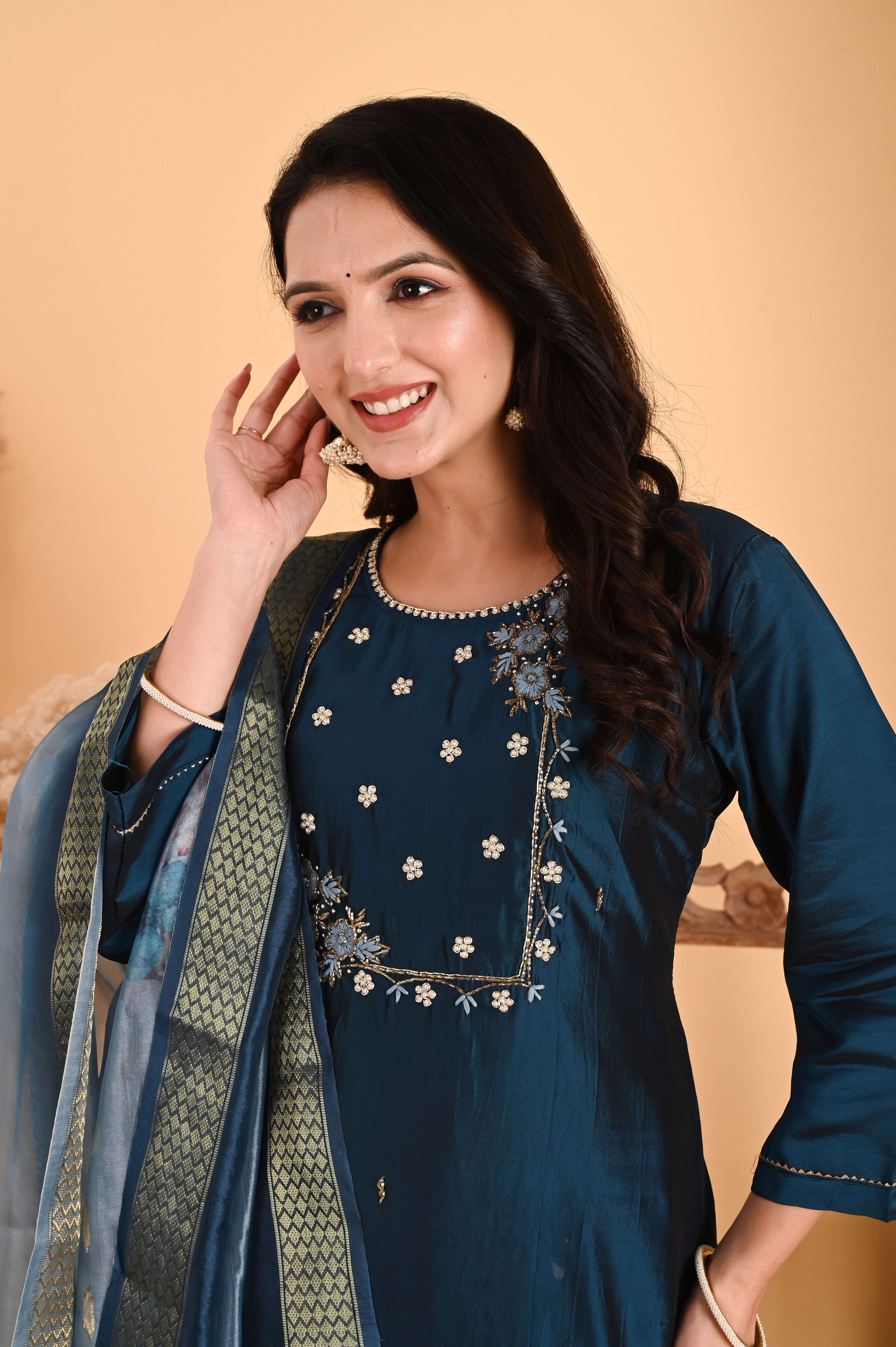 NR-106/ Teal Blue Embroidered Chanderi Suit Set with Printed Dupatta