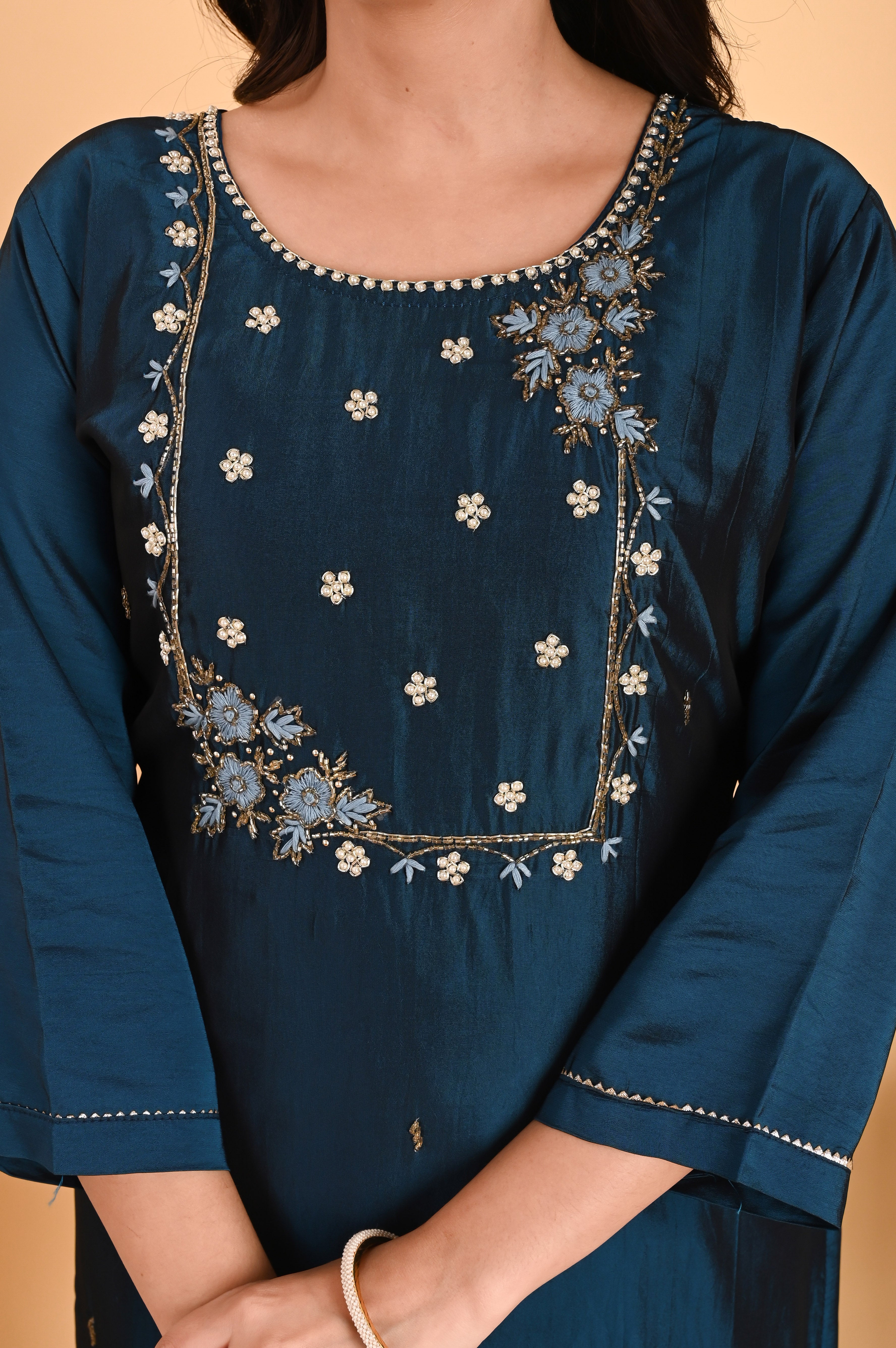 NR-106/ Teal Blue Embroidered Chanderi Suit Set with Printed Dupatta
