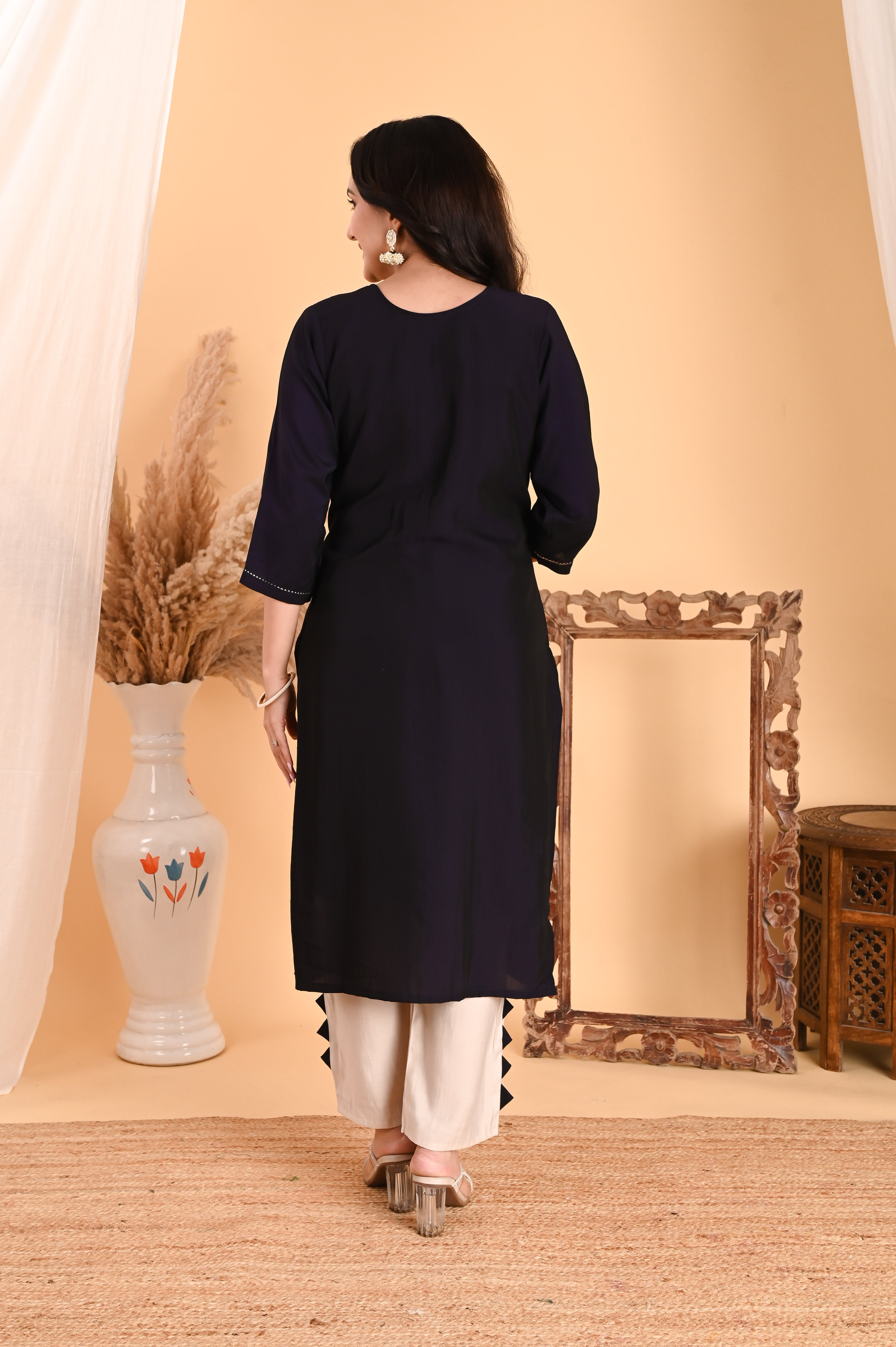 NR-105/ Midnight Deep Brinjal Blue Embroidered Kurta Set with Printed Dupatta