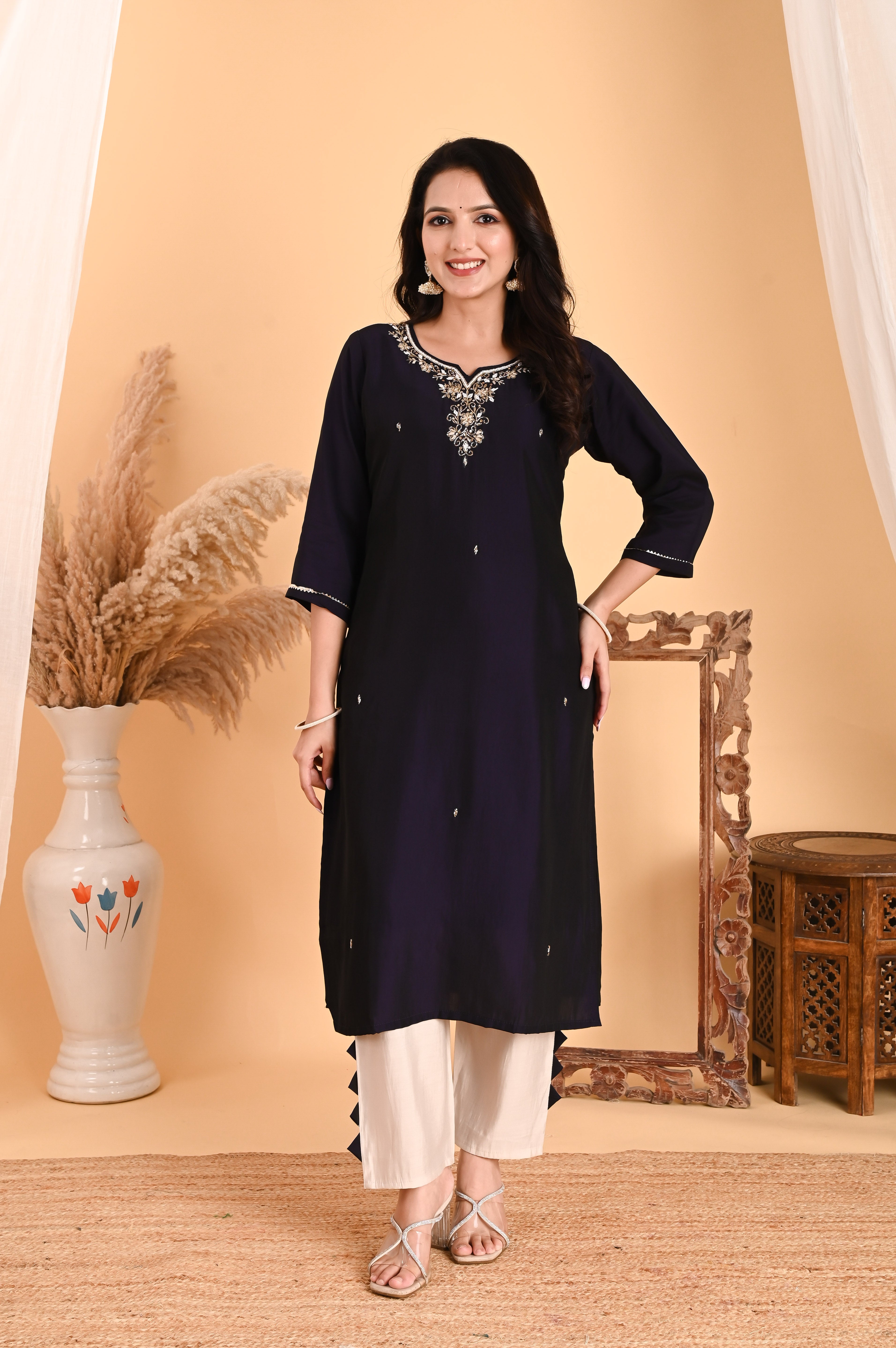 NR-105/ Midnight Deep Brinjal Blue Embroidered Kurta Set with Printed Dupatta