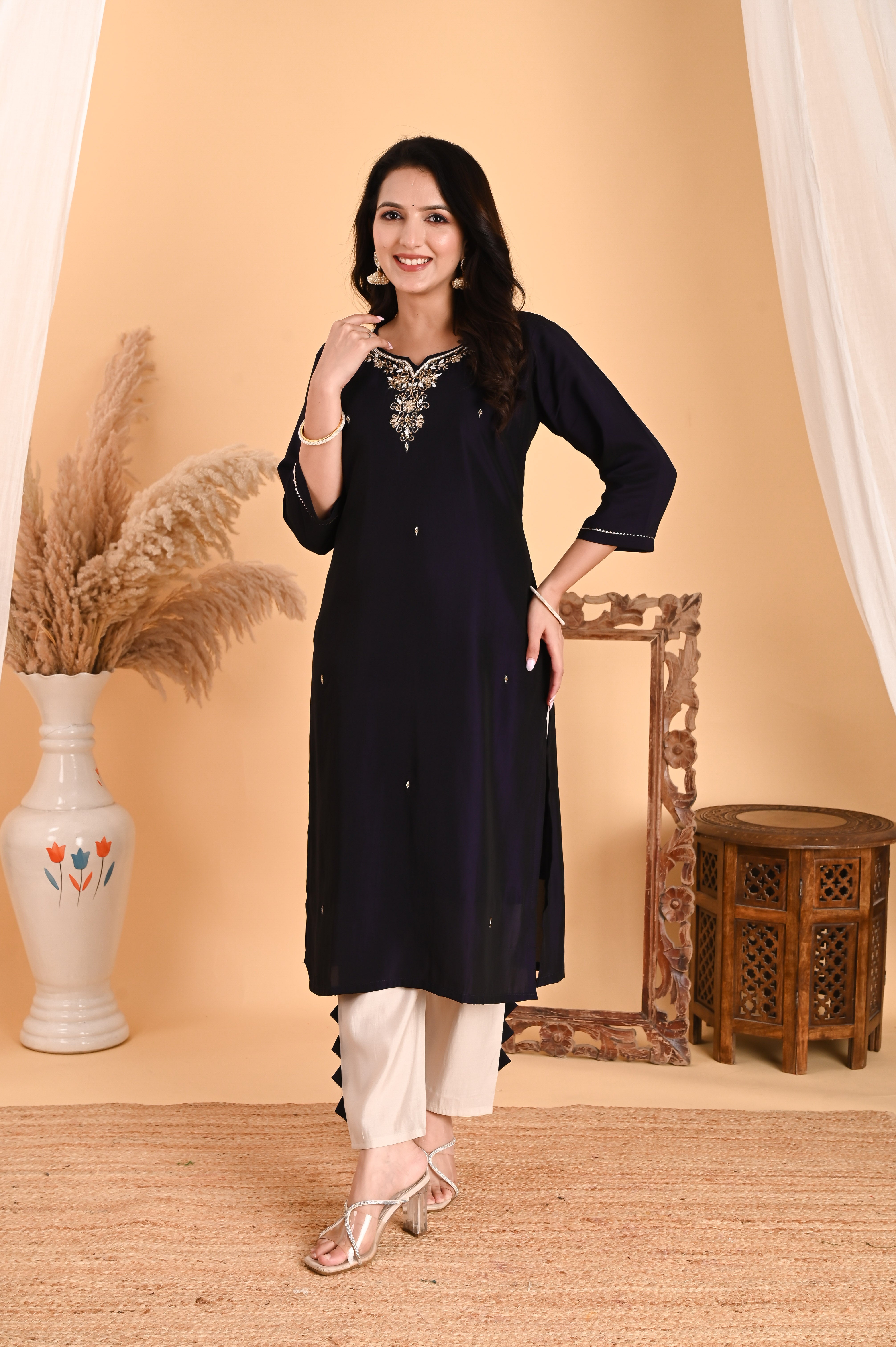 NR-105/ Midnight Deep Brinjal Blue Embroidered Kurta Set with Printed Dupatta
