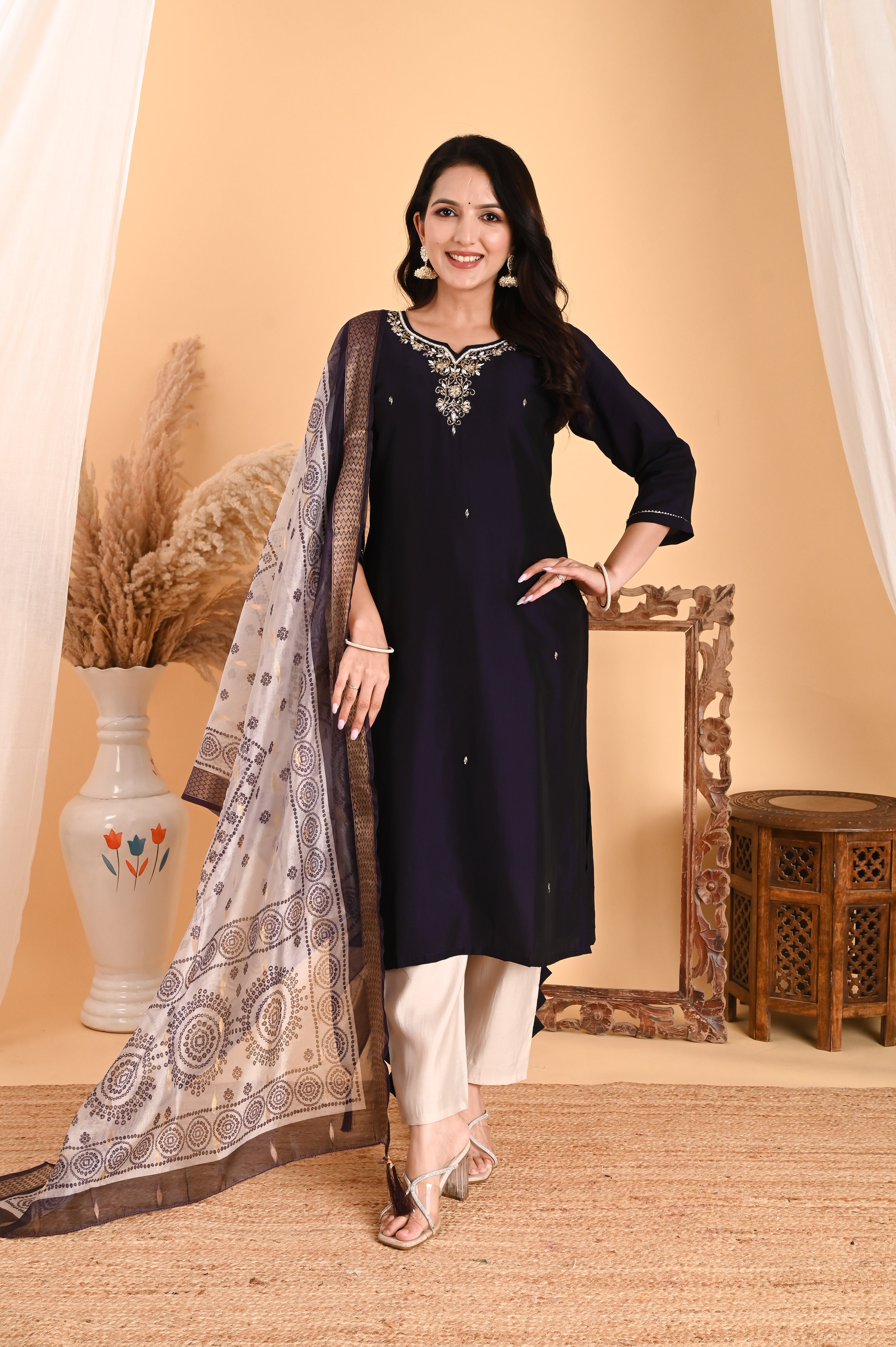 NR-105/ Midnight Deep Brinjal Blue Embroidered Kurta Set with Printed Dupatta