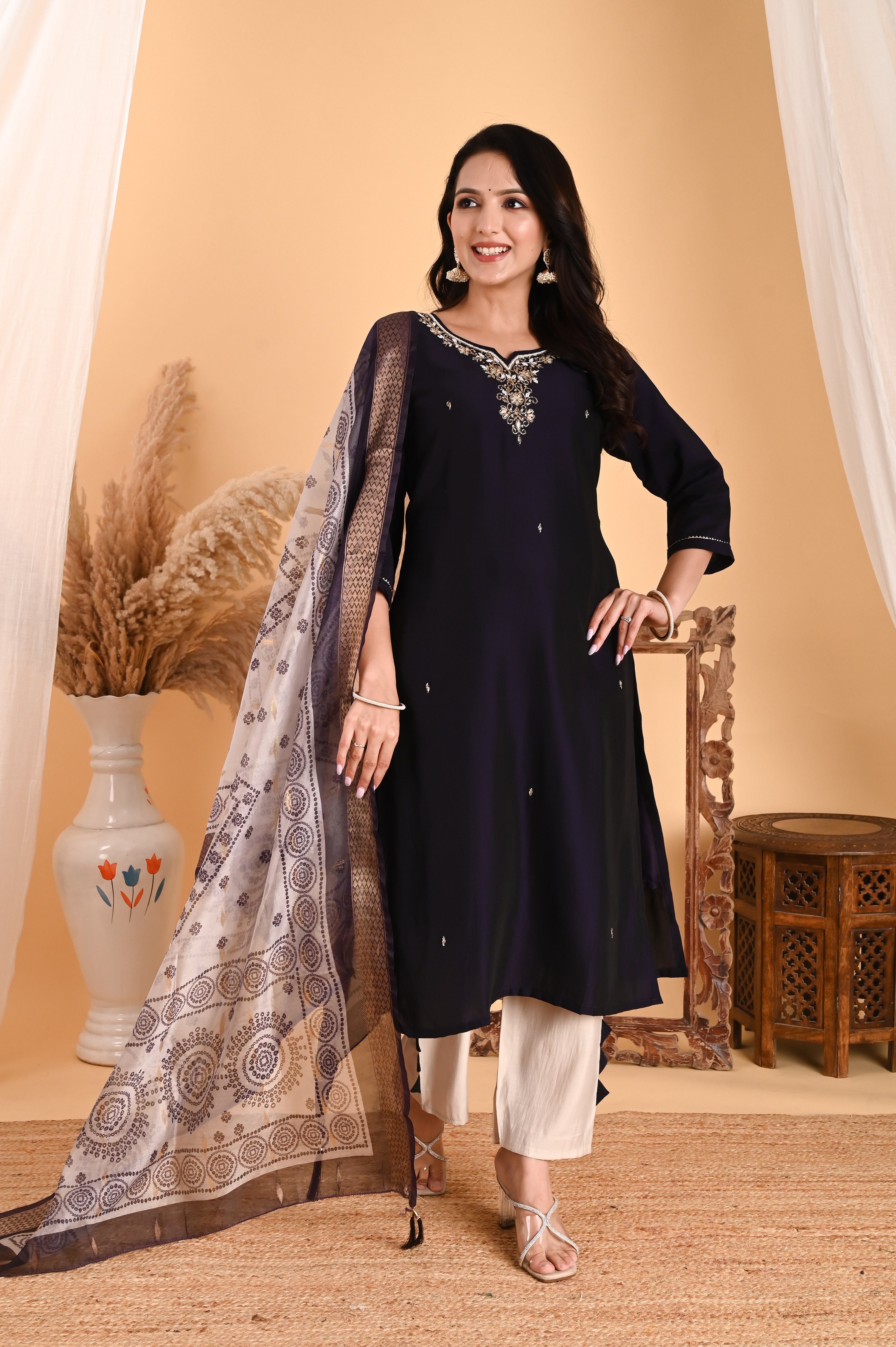 NR-105/ Midnight Deep Brinjal Blue Embroidered Kurta Set with Printed Dupatta