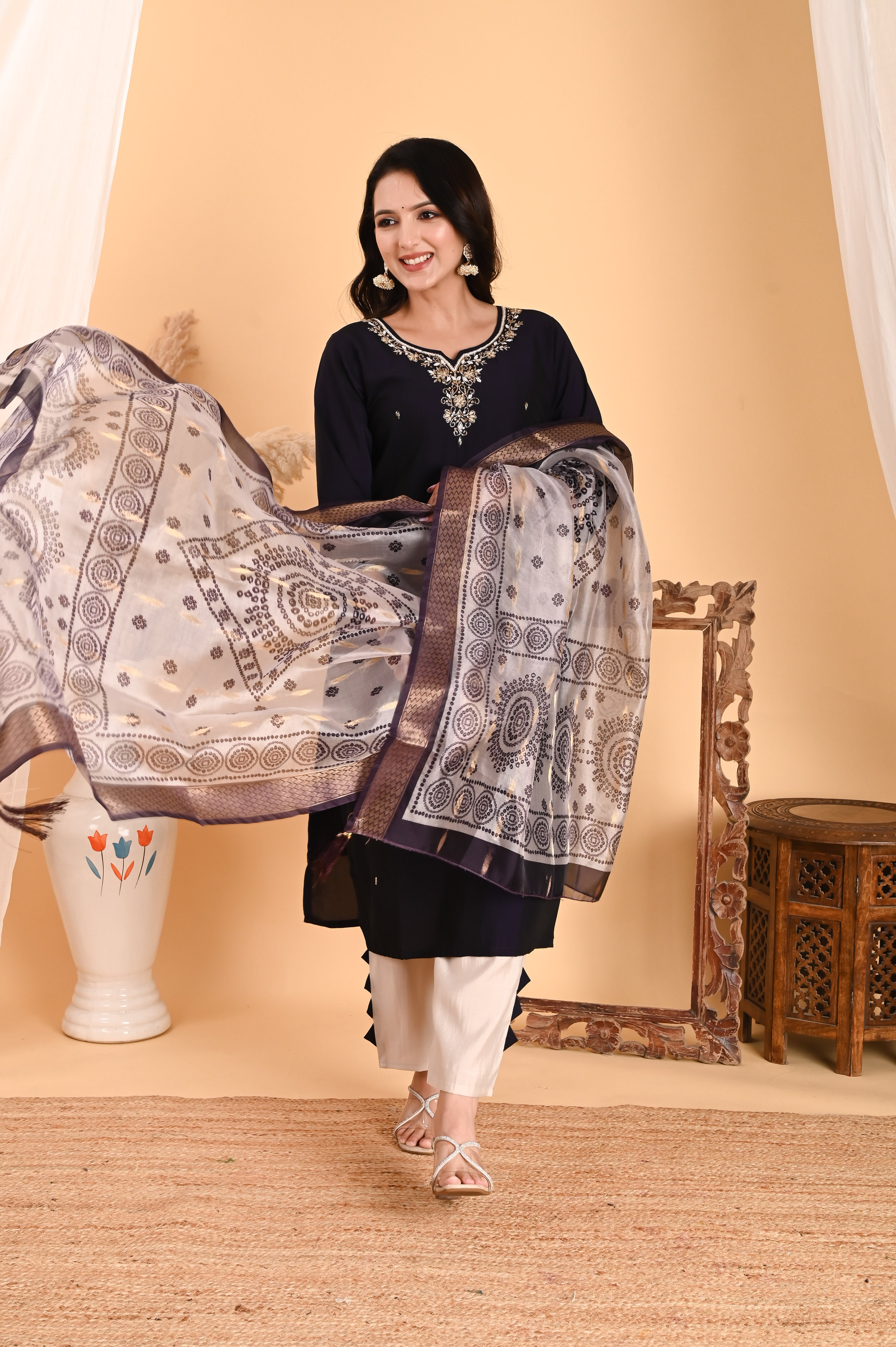 NR-105/ Midnight Deep Brinjal Blue Embroidered Kurta Set with Printed Dupatta