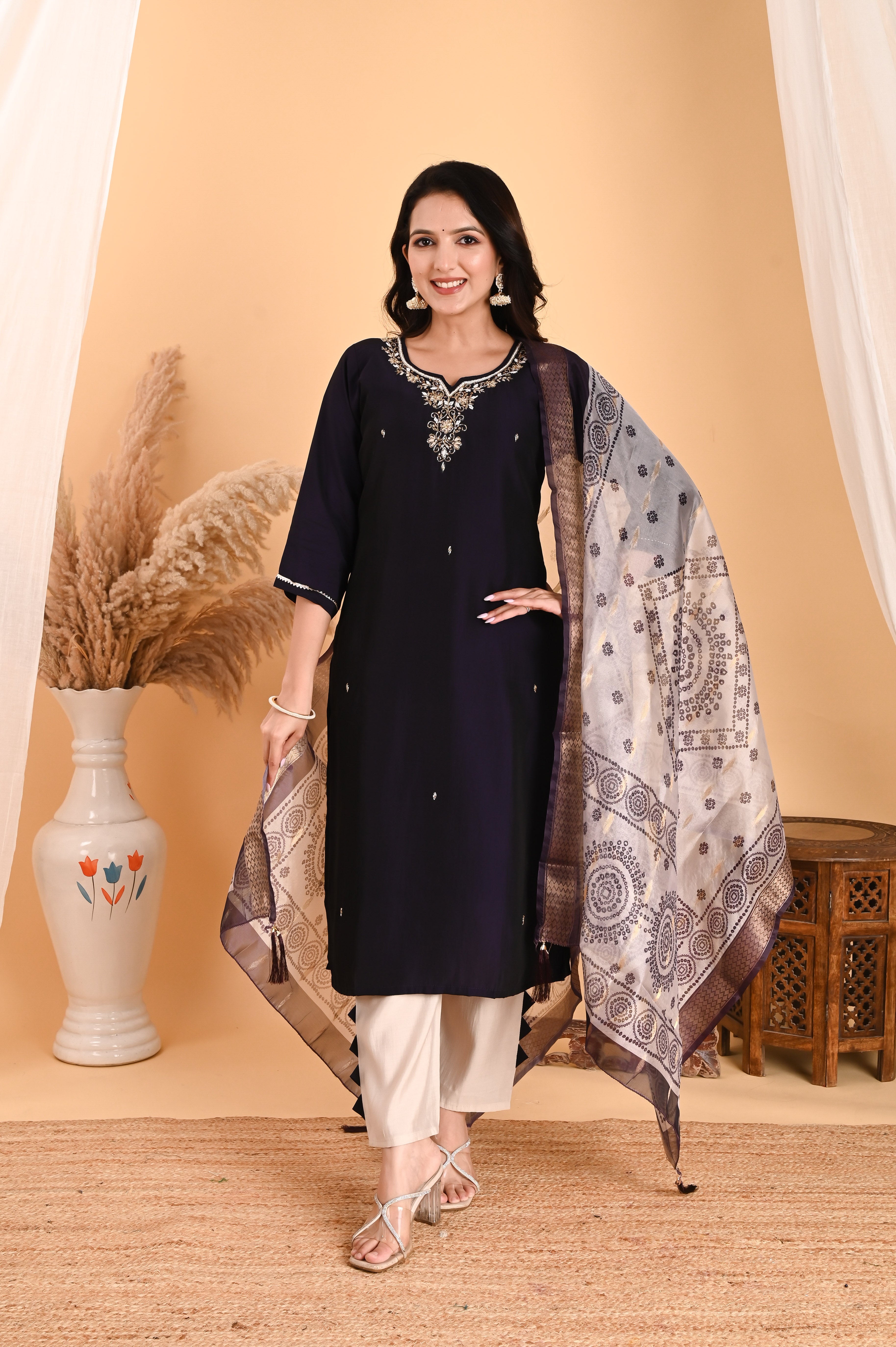 NR-105/ Midnight Deep Brinjal Blue Embroidered Kurta Set with Printed Dupatta